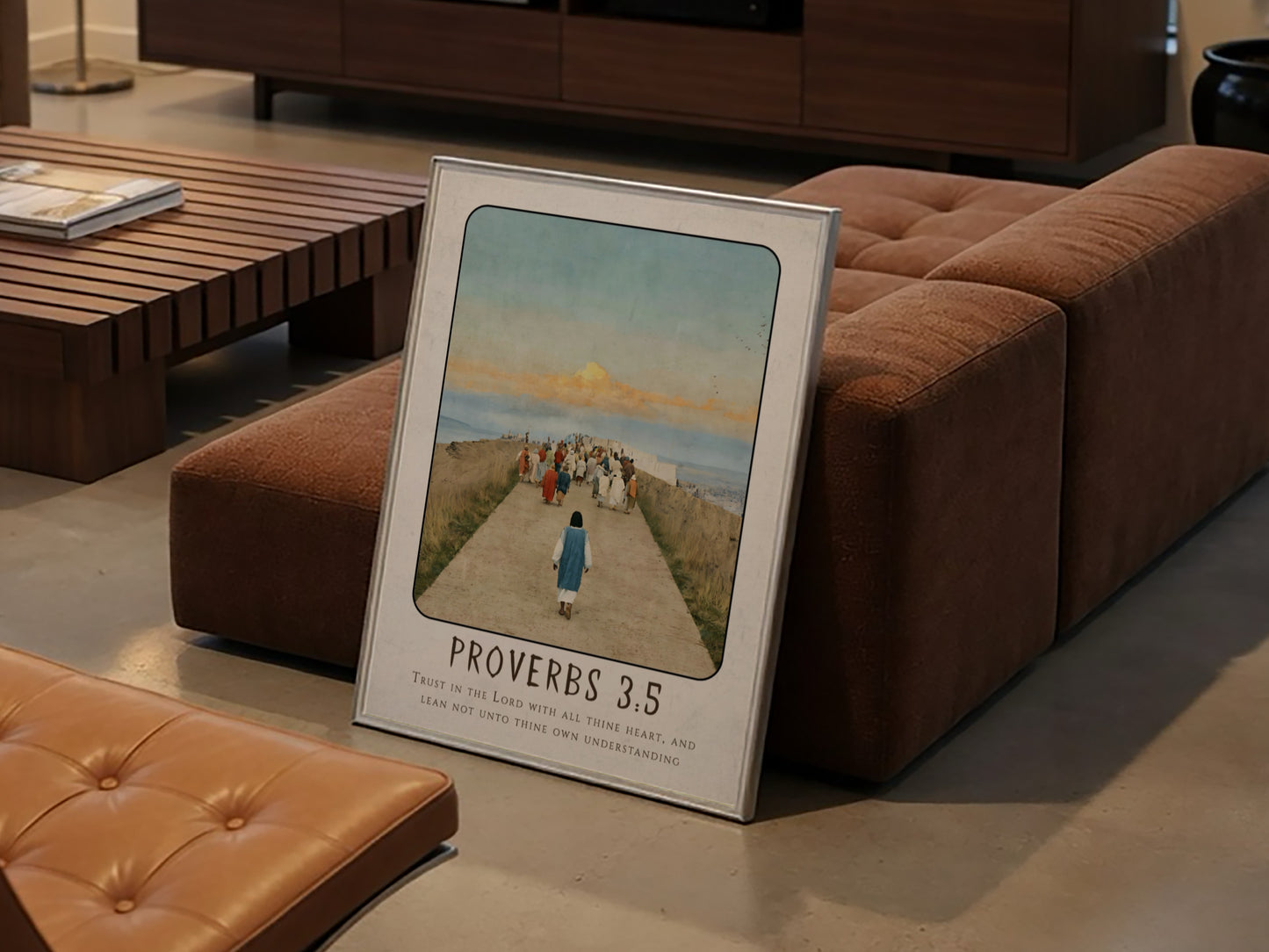 Proverbs 3:5 poster featuring a serene pathway and warm colors, inspirational religious artwork for home