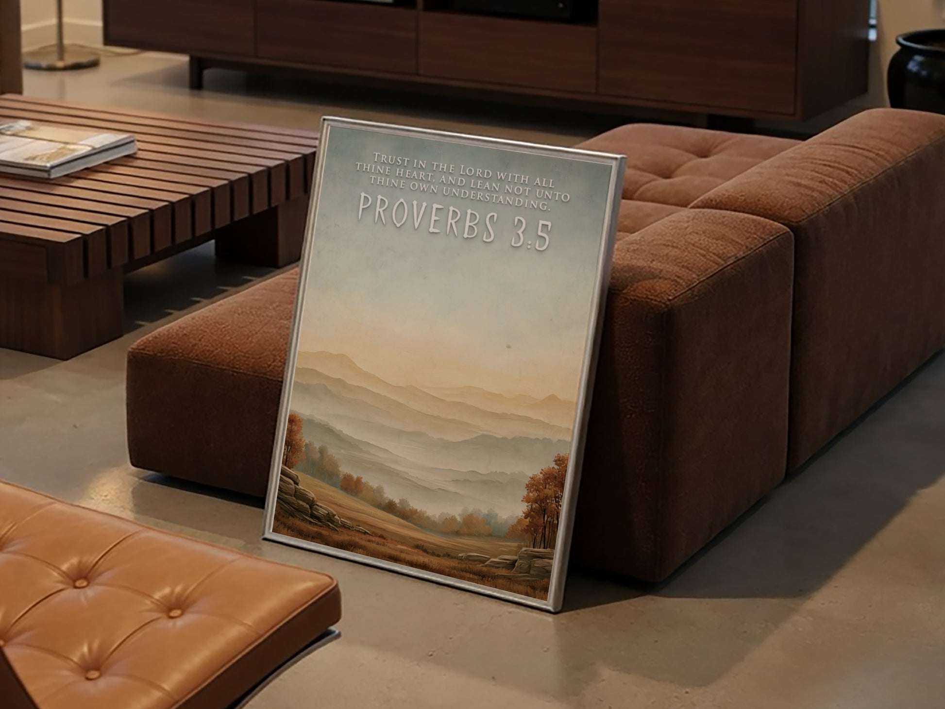 Poster featuring Proverbs 3:5 quote over a serene landscape of golden autumn hills.