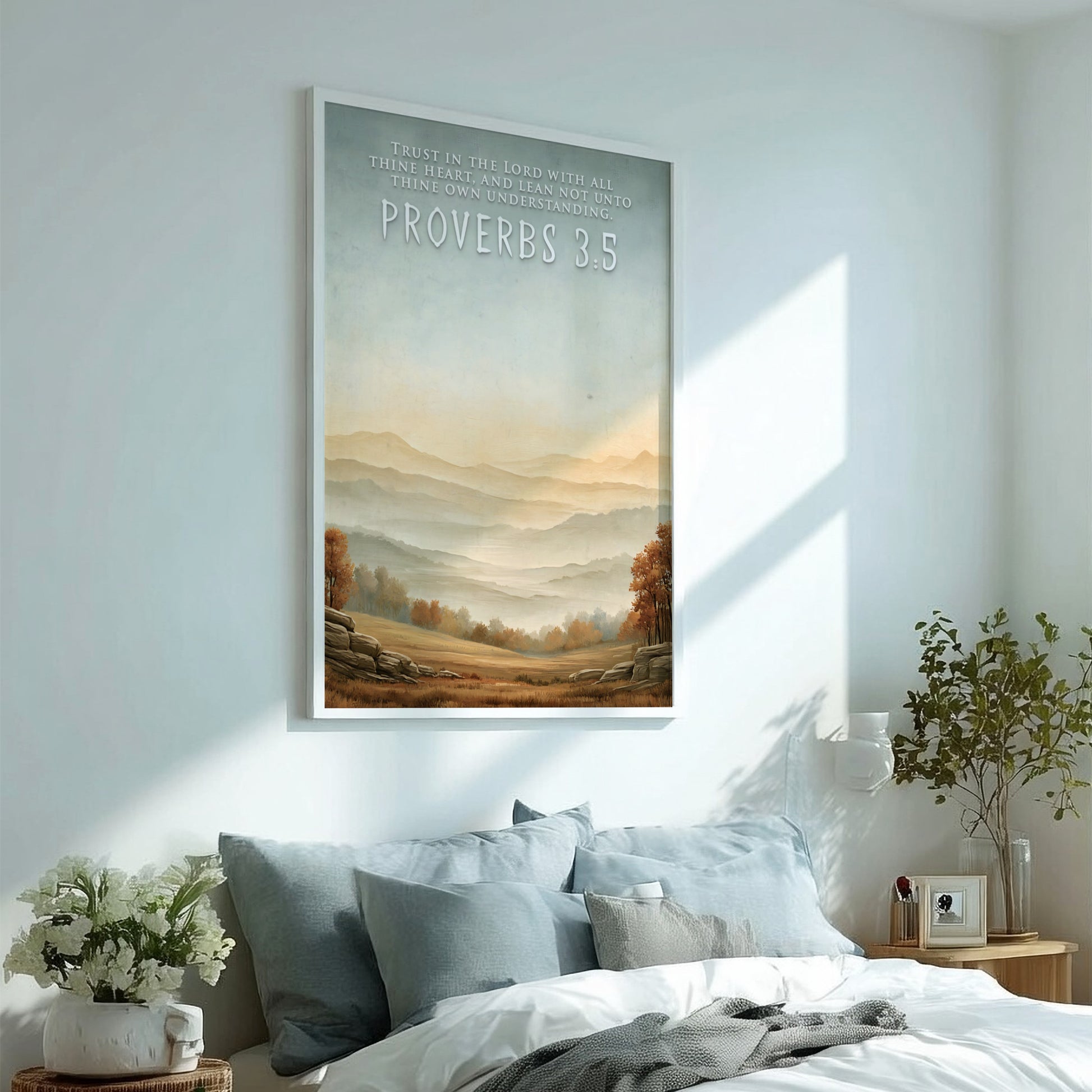 Poster featuring Proverbs 3:5 quote over a serene landscape of golden autumn hills.