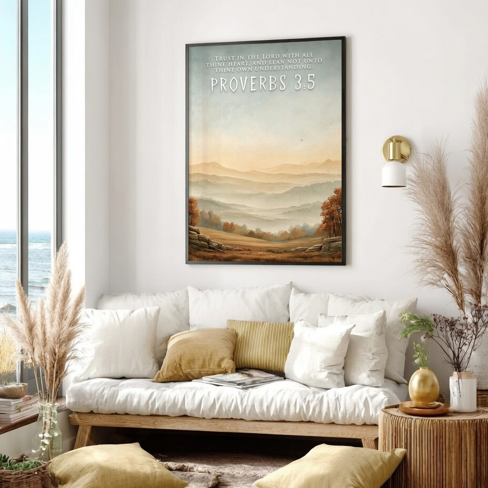 Poster featuring Proverbs 3:5 quote over a serene landscape of golden autumn hills.
