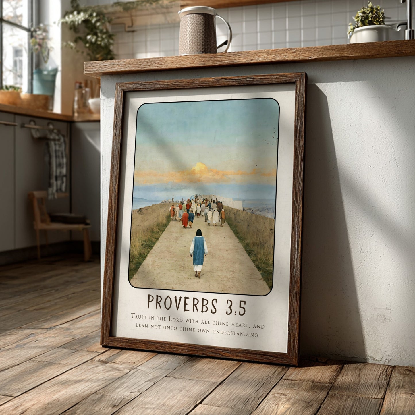 Proverbs 3:5 poster featuring a serene pathway and warm colors, inspirational religious artwork for home