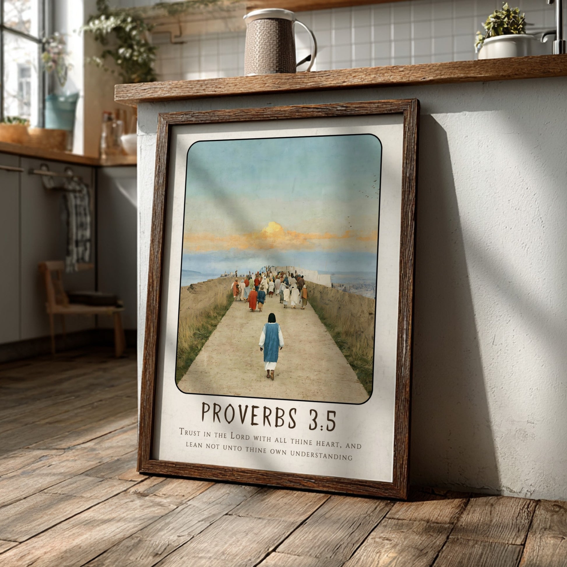 Proverbs 3:5 poster featuring a serene pathway and warm colors, inspirational religious artwork for home