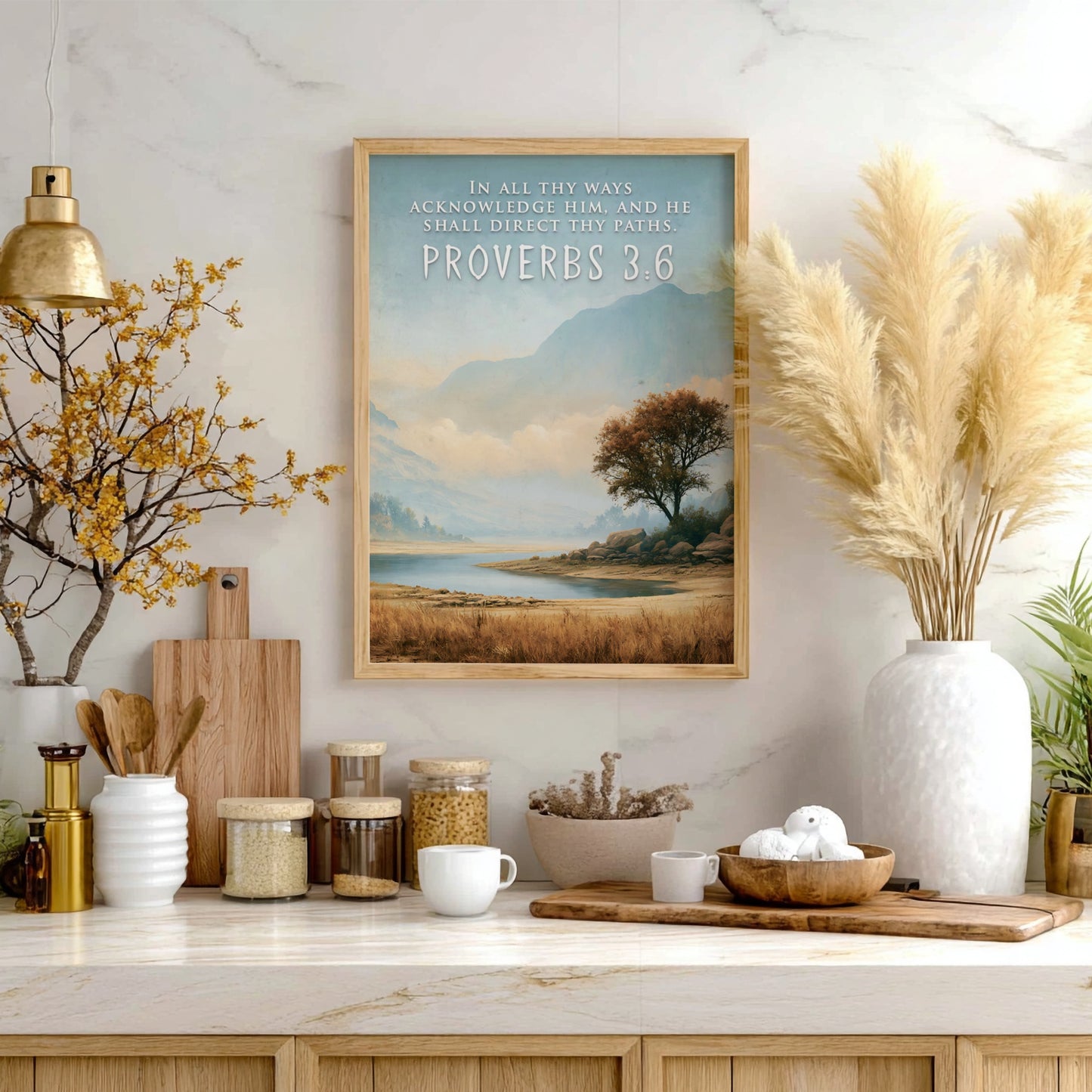Poster featuring a serene mountain landscape and lake with Proverbs 3:6 scripture text overlay.