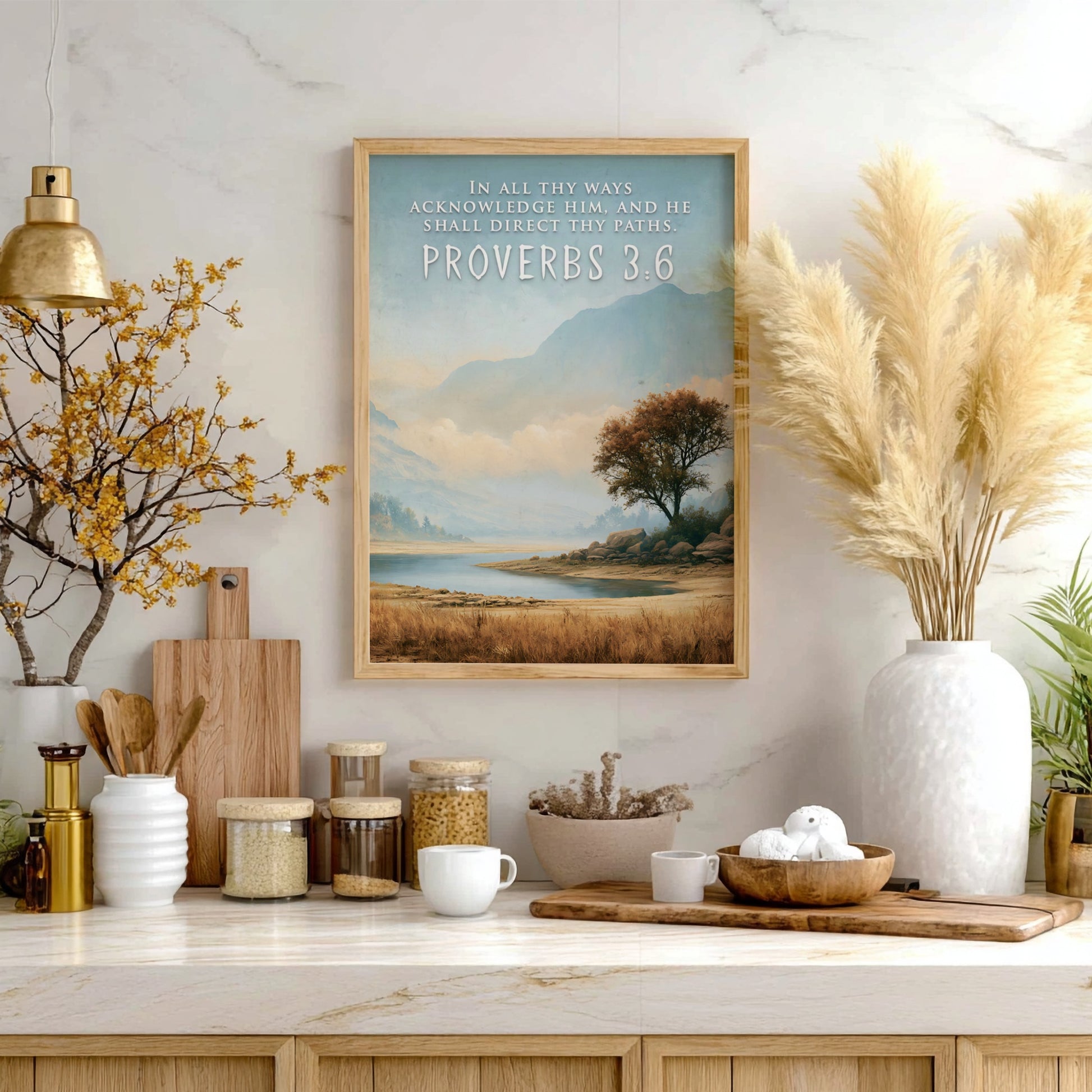 Poster featuring a serene mountain landscape and lake with Proverbs 3:6 scripture text overlay.