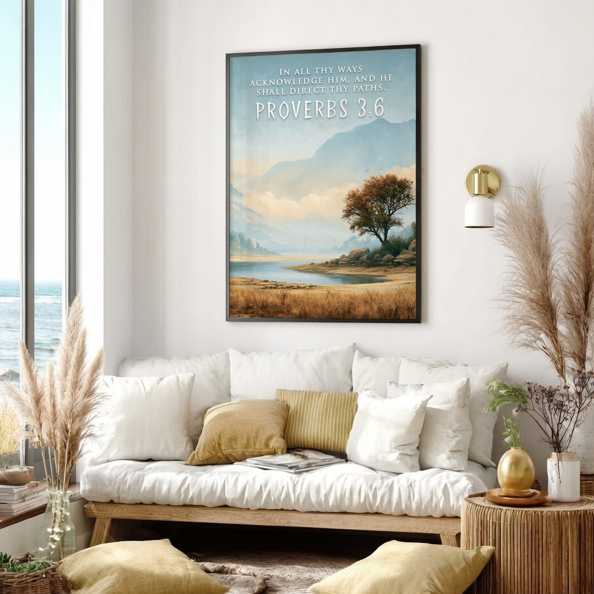 Poster featuring a serene mountain landscape and lake with Proverbs 3:6 scripture text overlay.