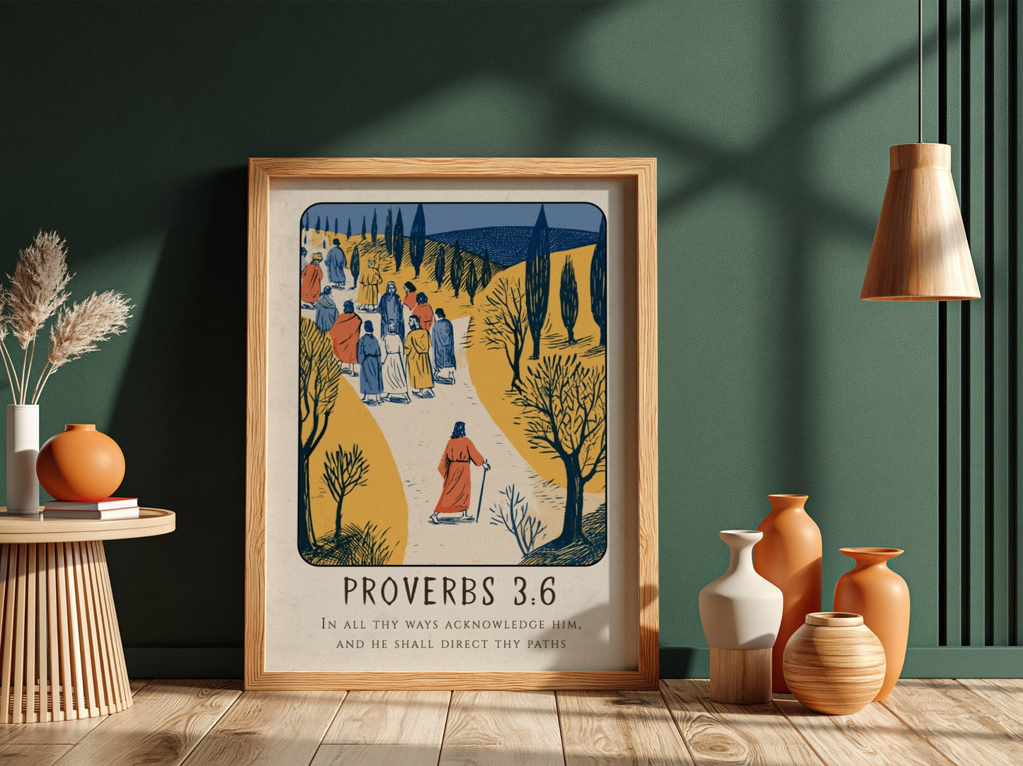 Proverbs 3:6 poster featuring a serene landscape and warm colors, inspirational religion artwork for home