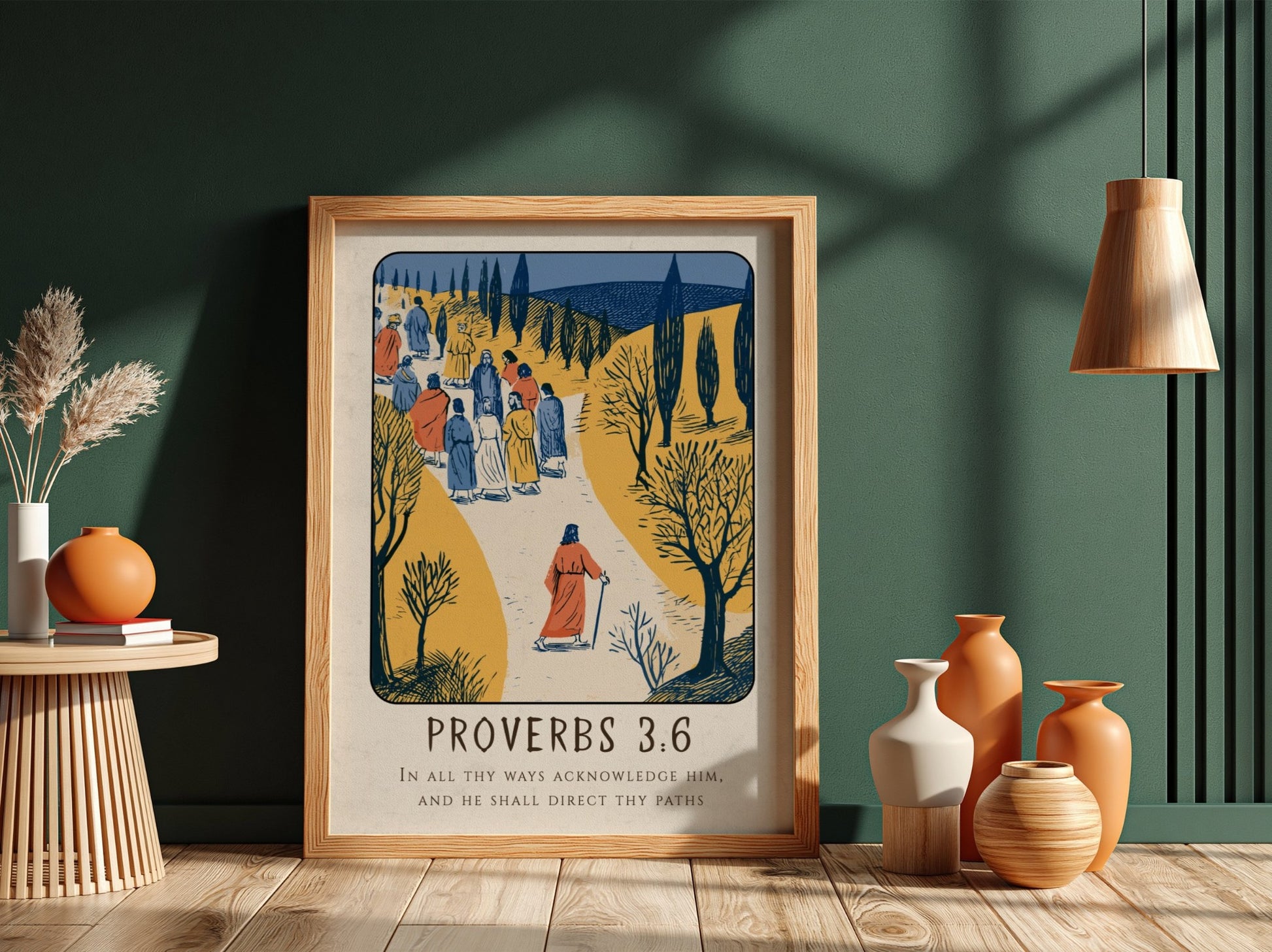 Proverbs 3:6 poster featuring a serene landscape and warm colors, inspirational religion artwork for home