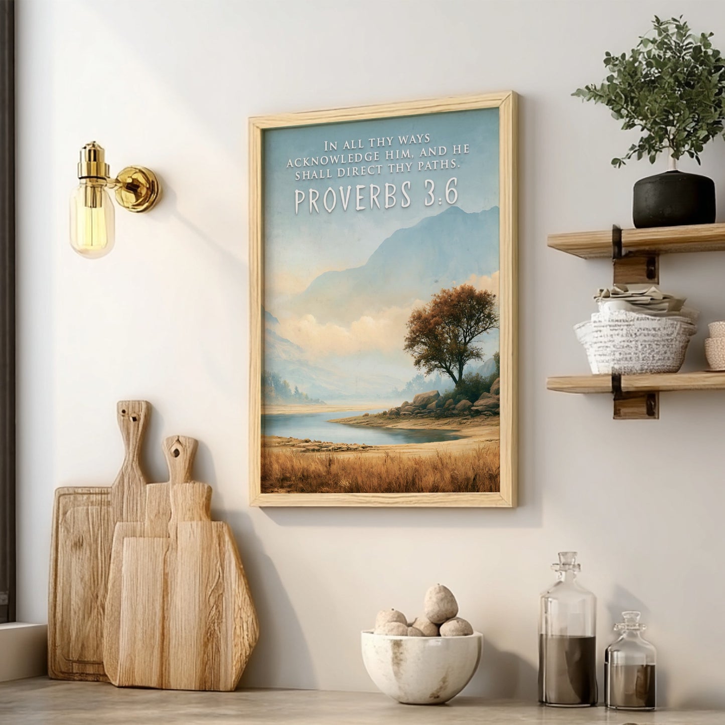 Poster featuring a serene mountain landscape and lake with Proverbs 3:6 scripture text overlay.