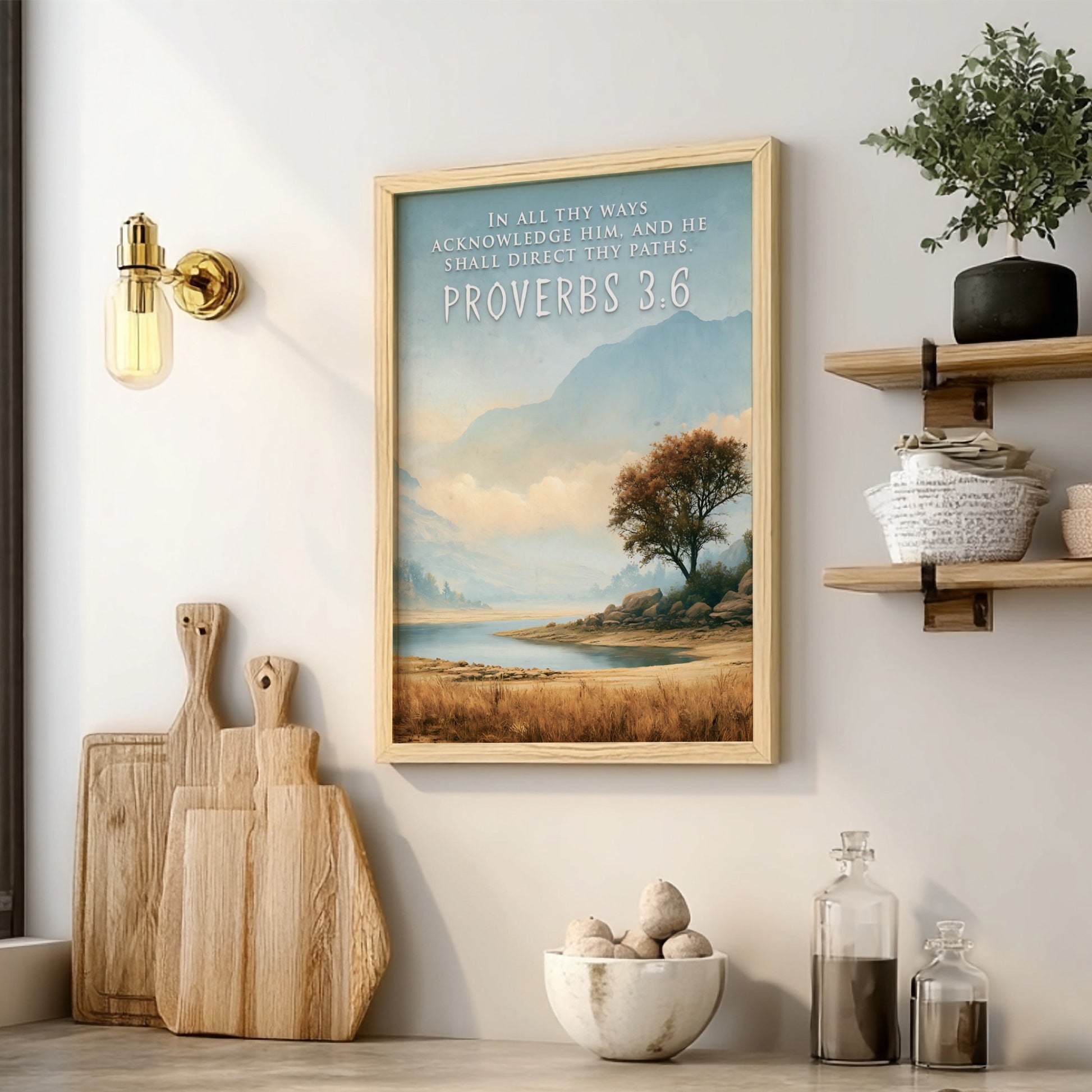 Poster featuring a serene mountain landscape and lake with Proverbs 3:6 scripture text overlay.
