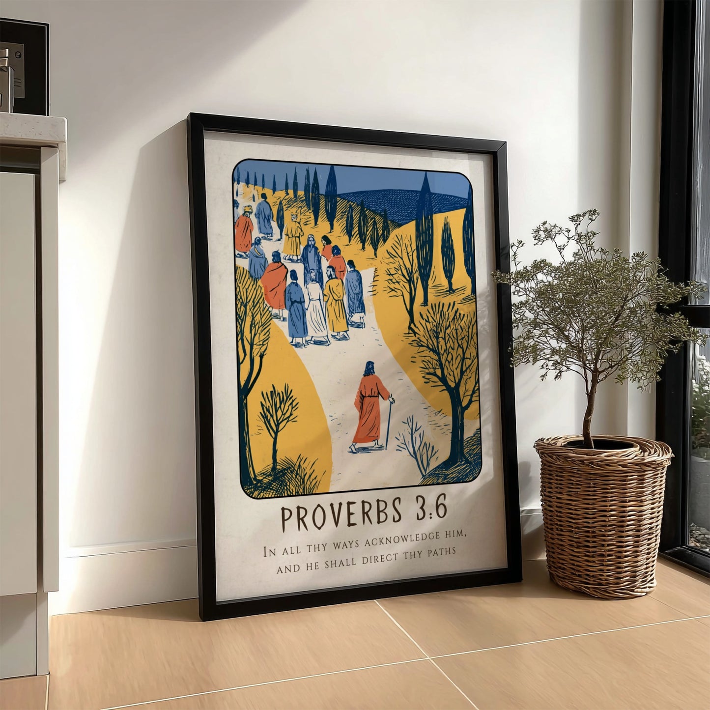 Proverbs 3:6 poster featuring a serene landscape and warm colors, inspirational religion artwork for home
