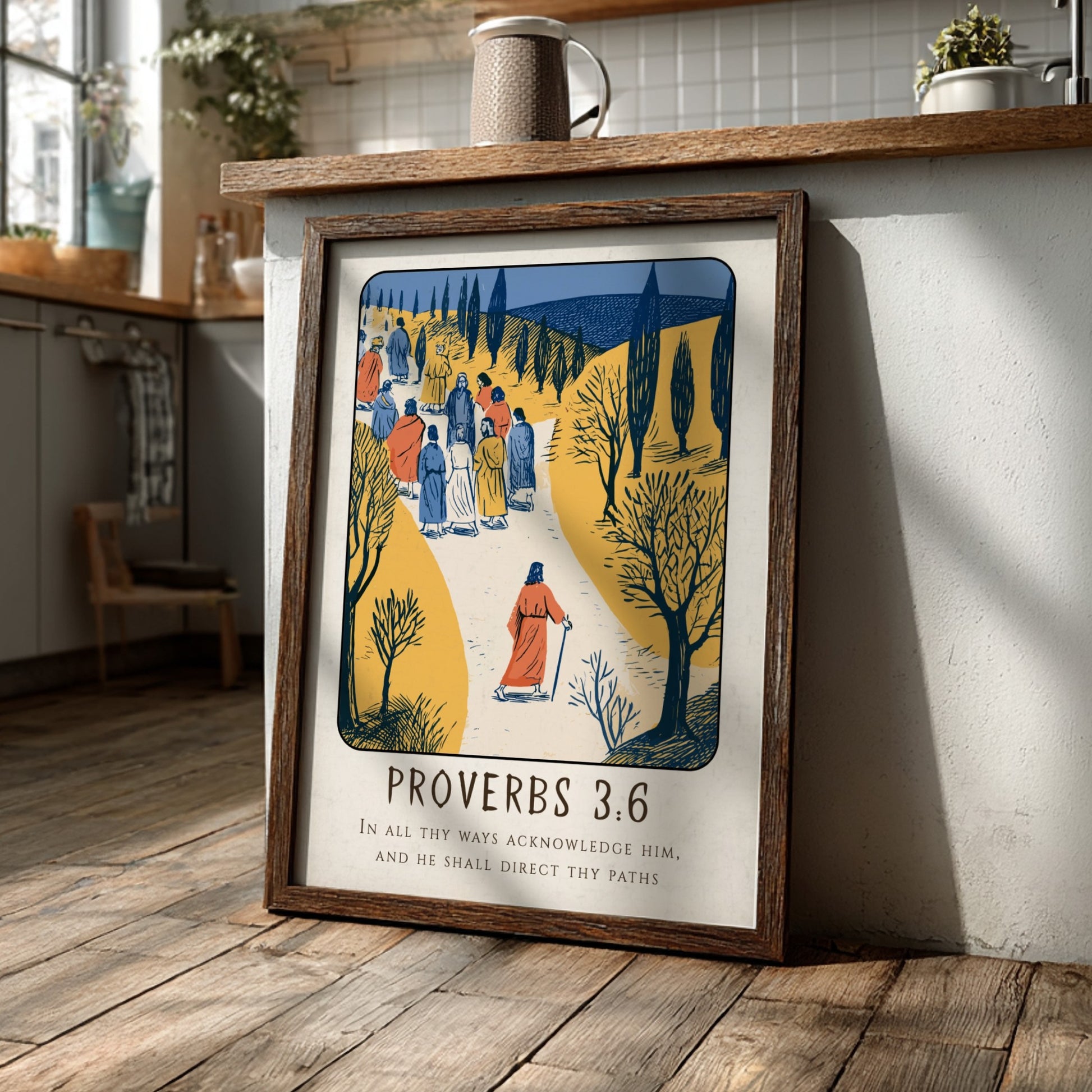 Proverbs 3:6 poster featuring a serene landscape and warm colors, inspirational religion artwork for home