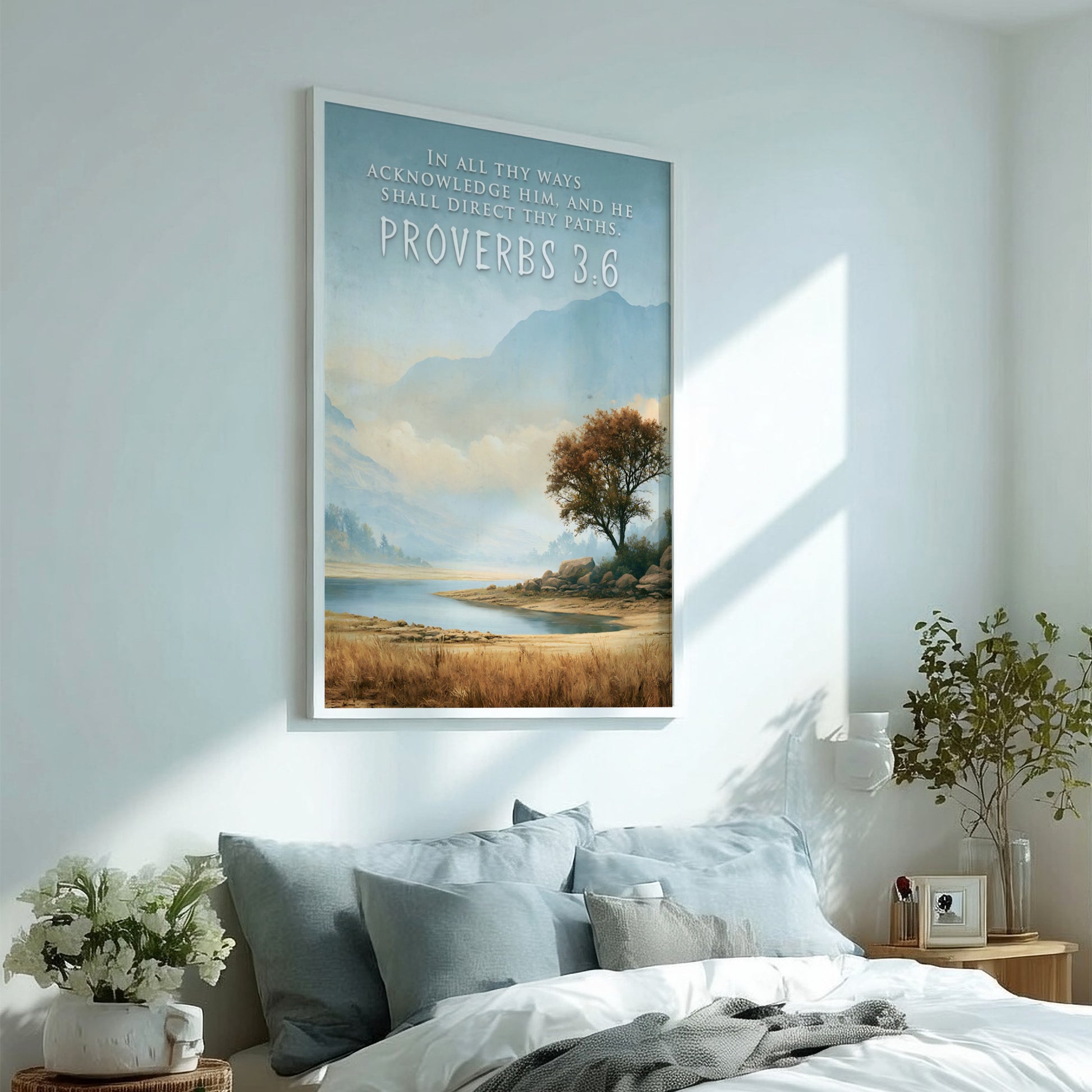 Poster featuring a serene mountain landscape and lake with Proverbs 3:6 scripture text overlay.