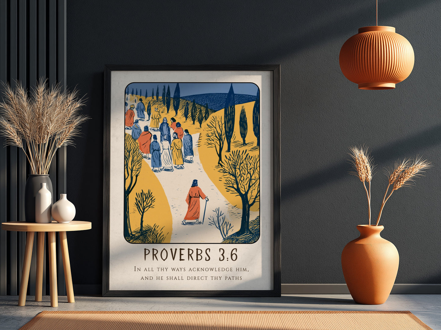 Proverbs 3:6 poster featuring a serene landscape and warm colors, inspirational religion artwork for home