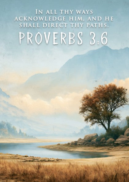 Poster featuring a serene mountain landscape and lake with Proverbs 3:6 scripture text overlay.
