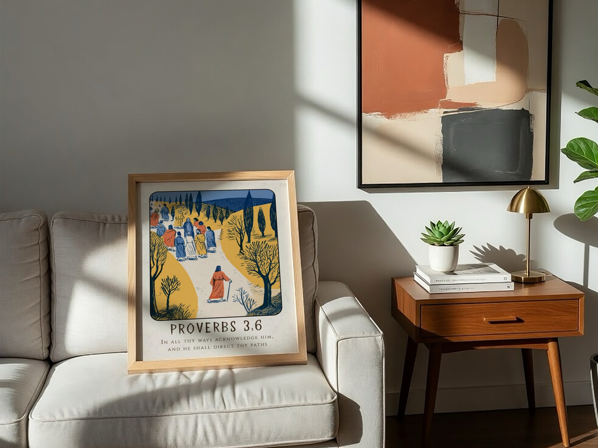 Proverbs 3:6 poster featuring a serene landscape and warm colors, inspirational religion artwork for home