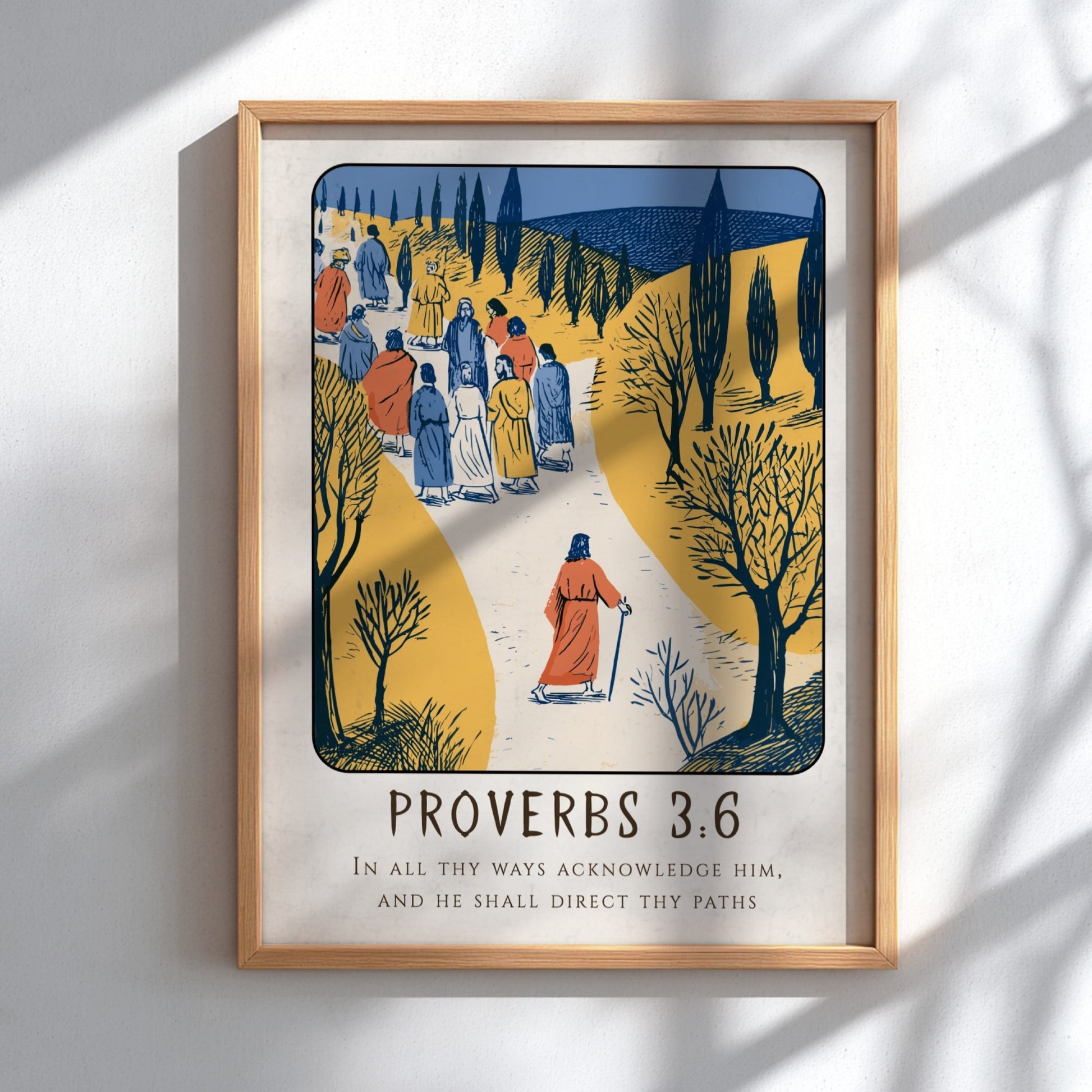 Proverbs 3:6 poster featuring a serene landscape and warm colors, inspirational religion artwork for home