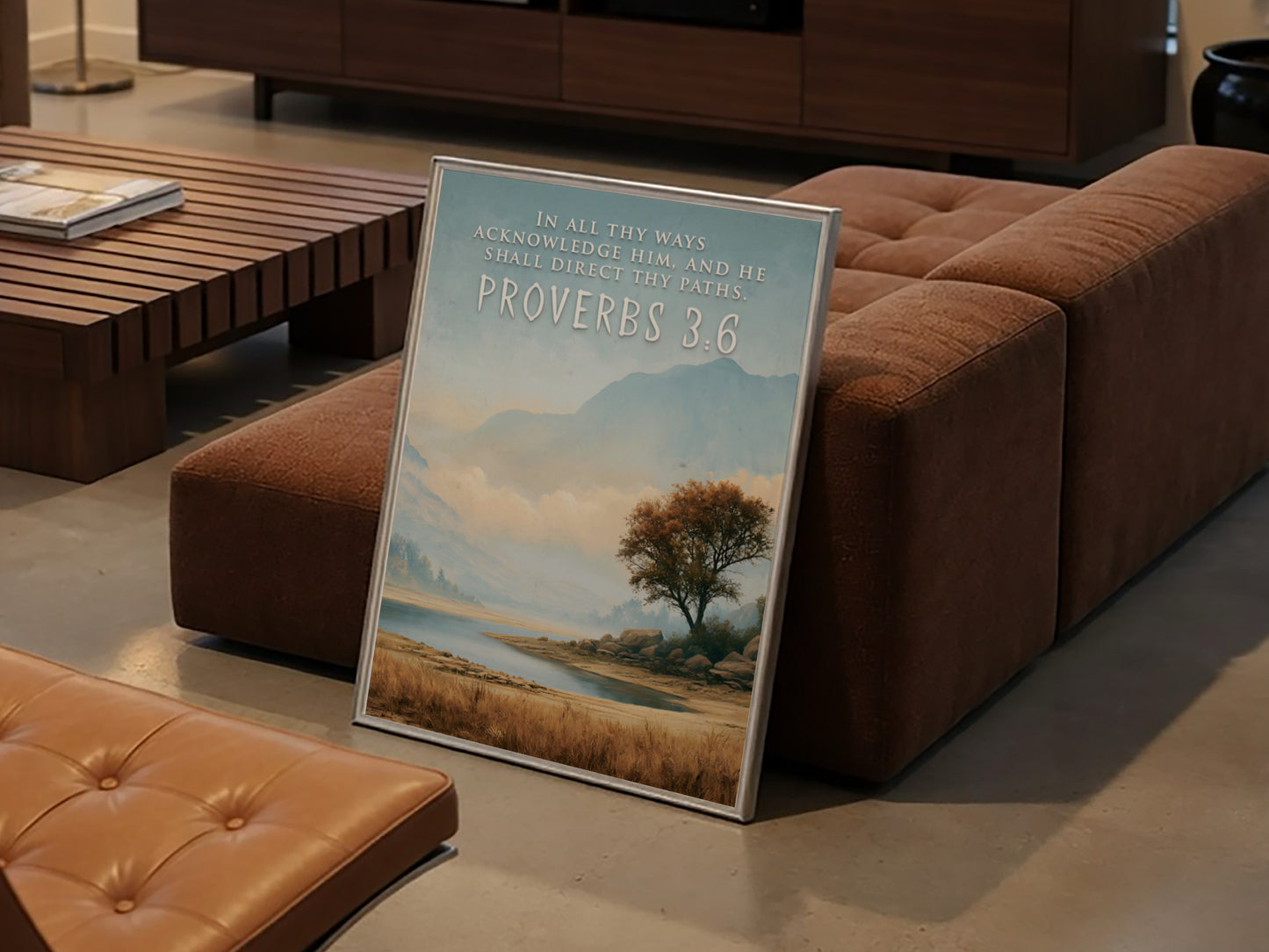 Poster featuring a serene mountain landscape and lake with Proverbs 3:6 scripture text overlay.