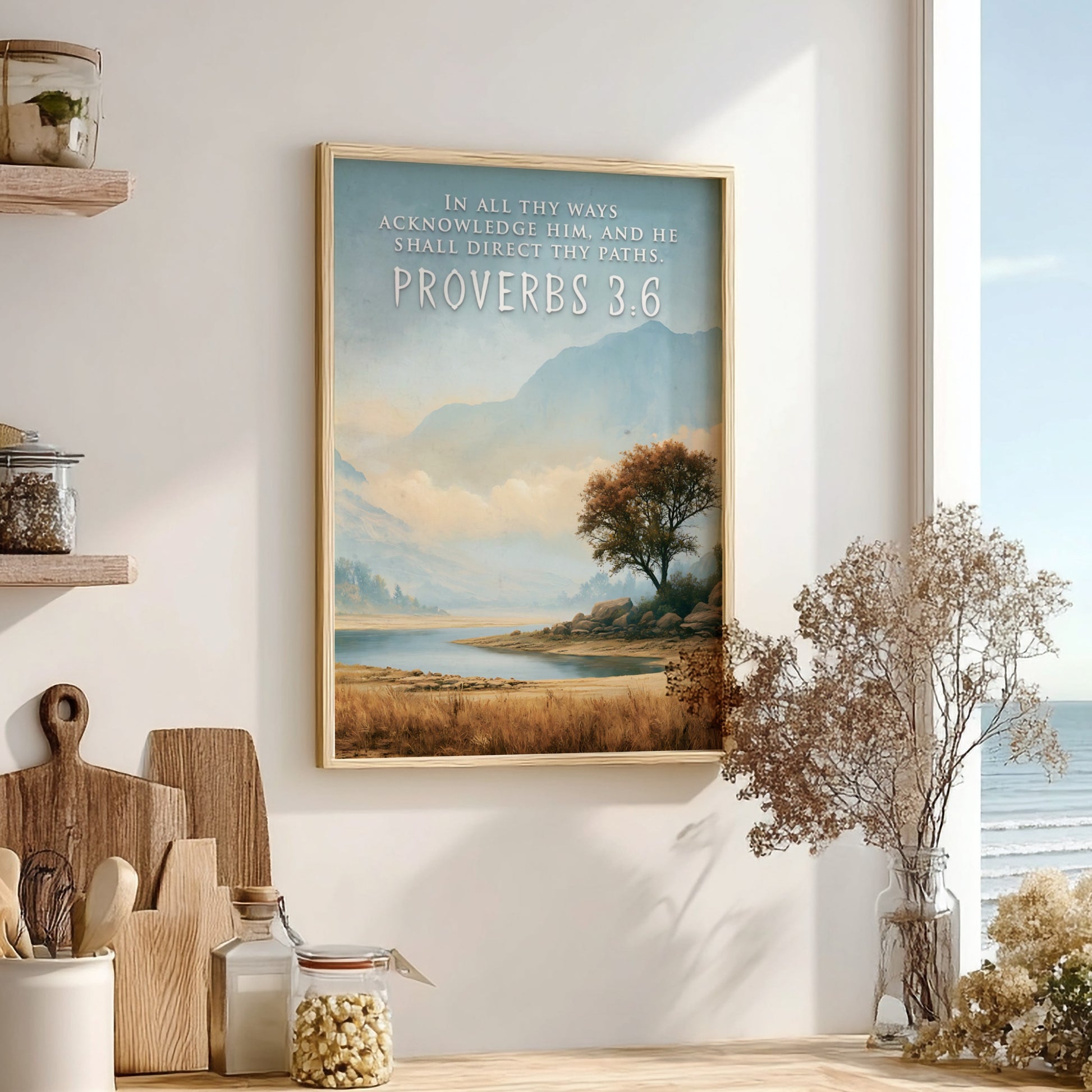 Poster featuring a serene mountain landscape and lake with Proverbs 3:6 scripture text overlay.