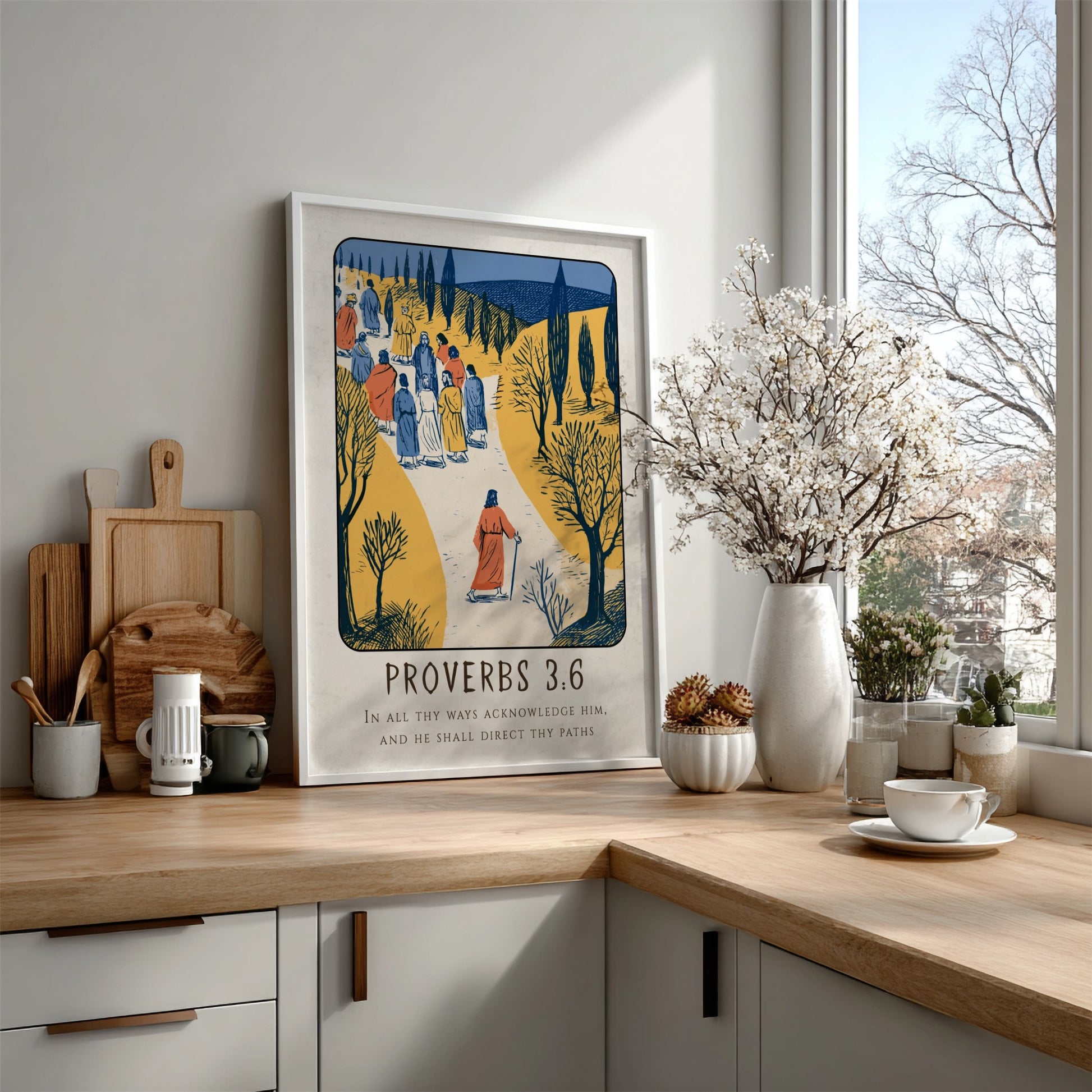 Proverbs 3:6 poster featuring a serene landscape and warm colors, inspirational religion artwork for home