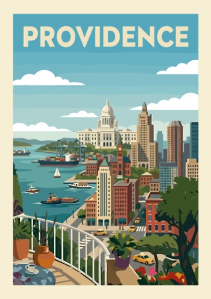 Providence skyline poster featuring city buildings, harbor, and capitol building in a vintage style.