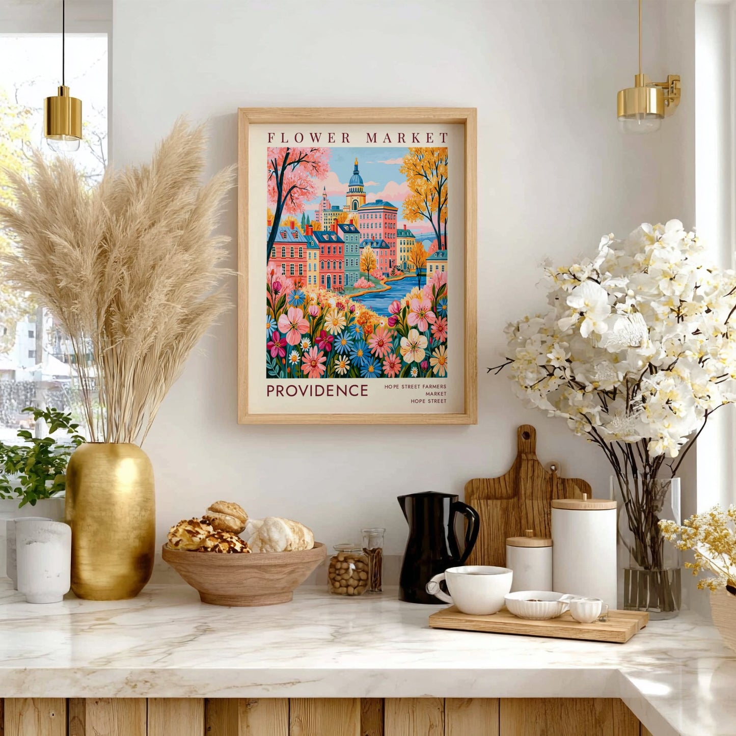 Flower market poster featuring vibrant cityscape with colorful flowers and buildings