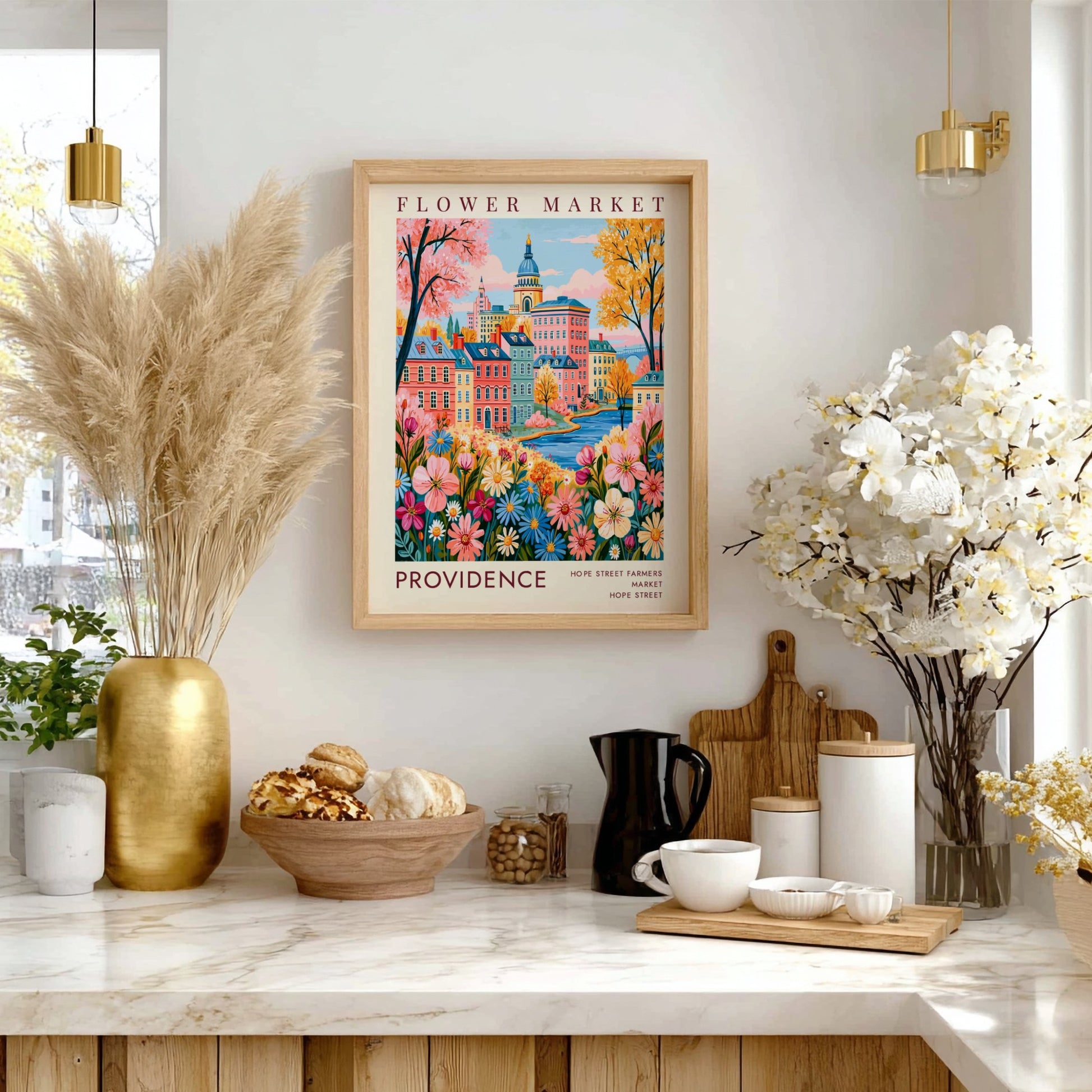Flower market poster featuring vibrant cityscape with colorful flowers and buildings