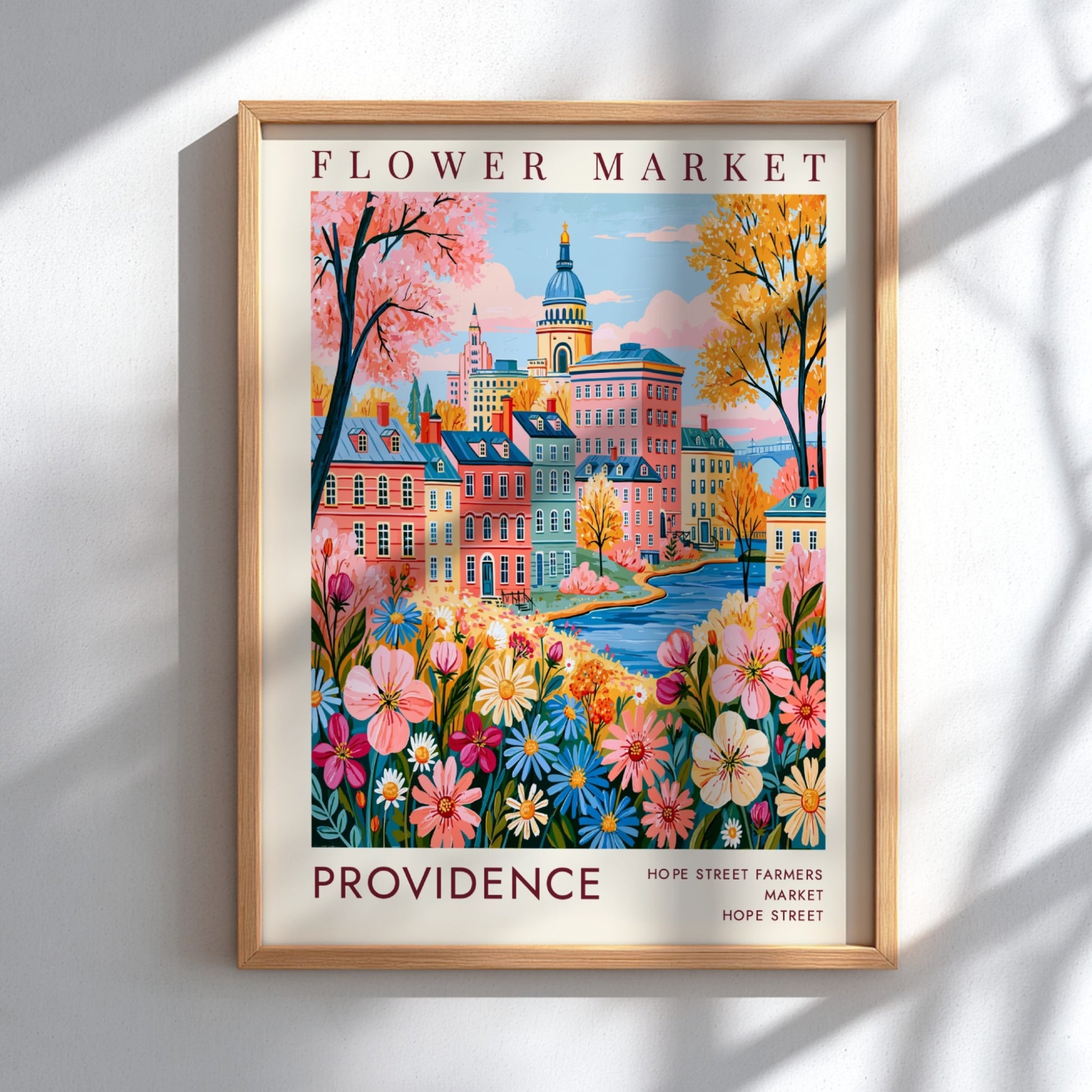 Flower market poster featuring vibrant cityscape with colorful flowers and buildings