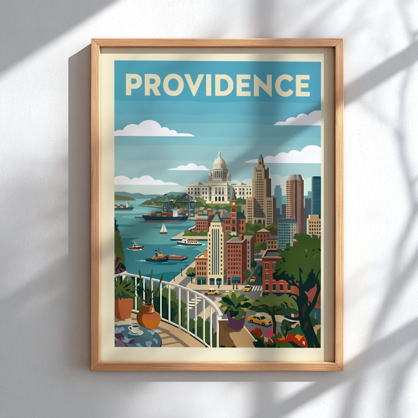 Providence skyline poster featuring city buildings, harbor, and capitol building in a vintage style.