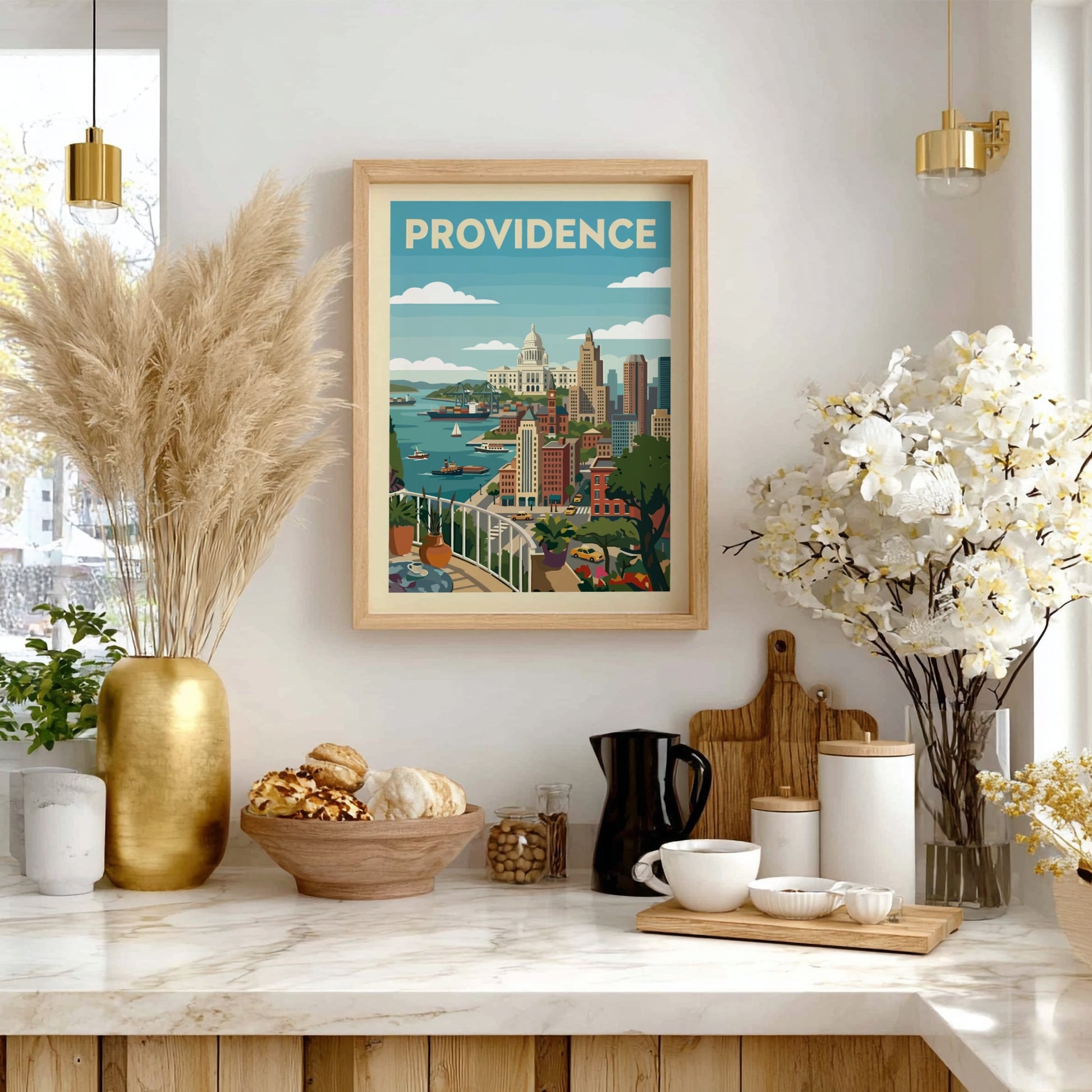 Providence skyline poster featuring city buildings, harbor, and capitol building in a vintage style.