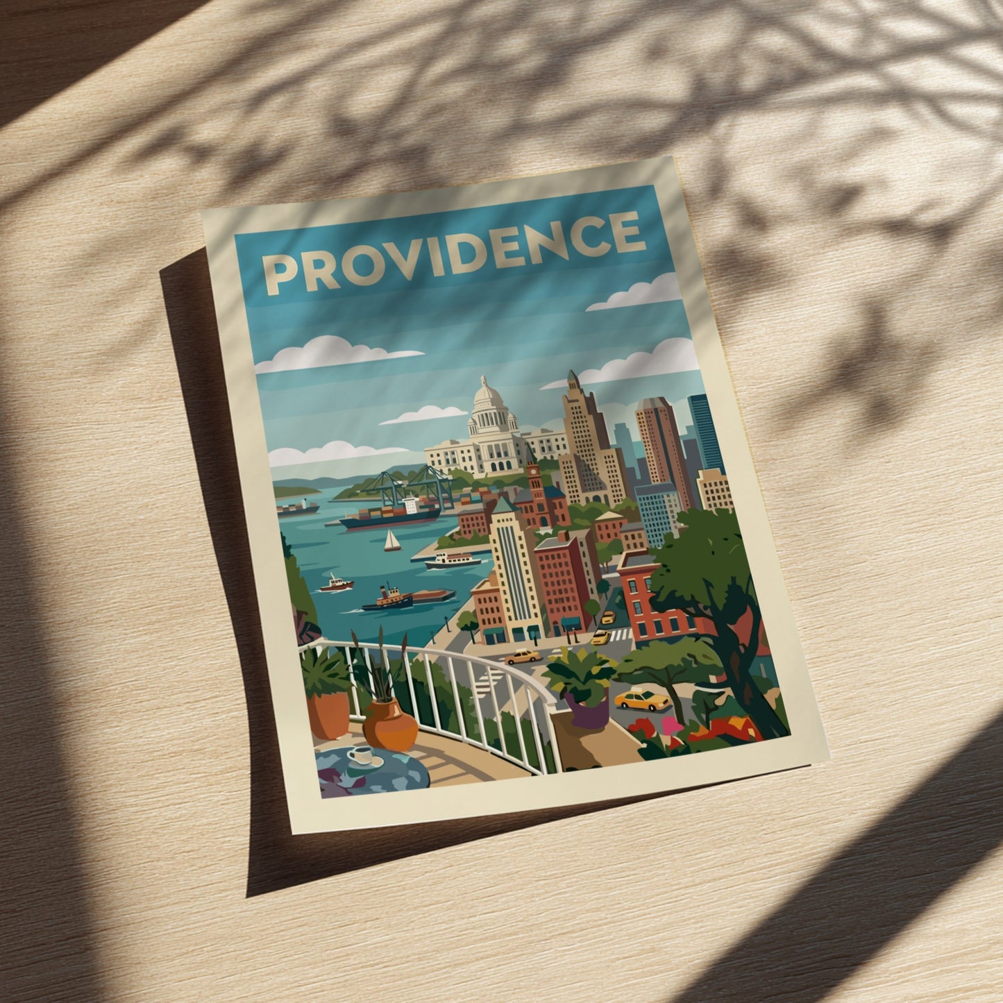 Providence skyline poster featuring city buildings, harbor, and capitol building in a vintage style.