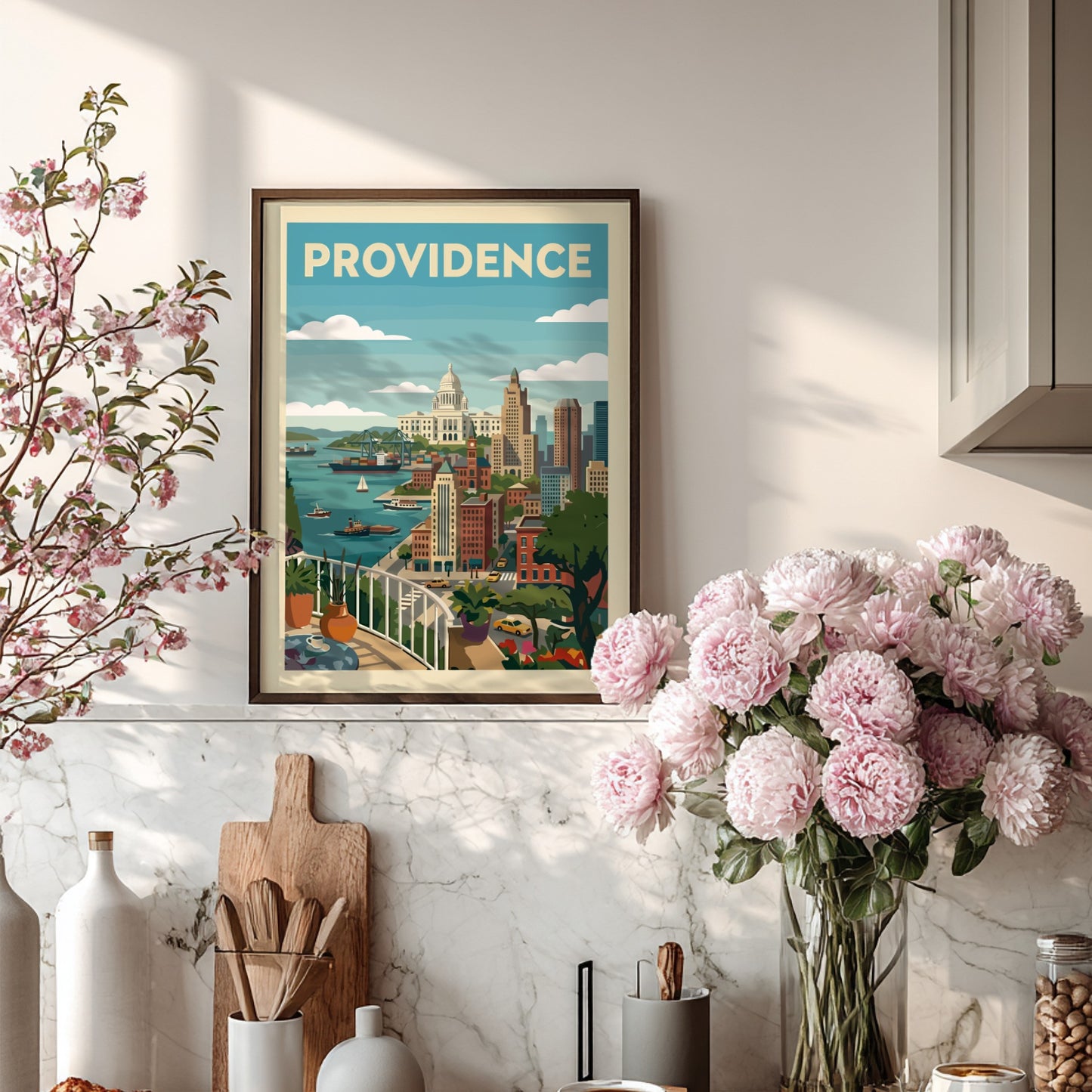 Providence skyline poster featuring city buildings, harbor, and capitol building in a vintage style.