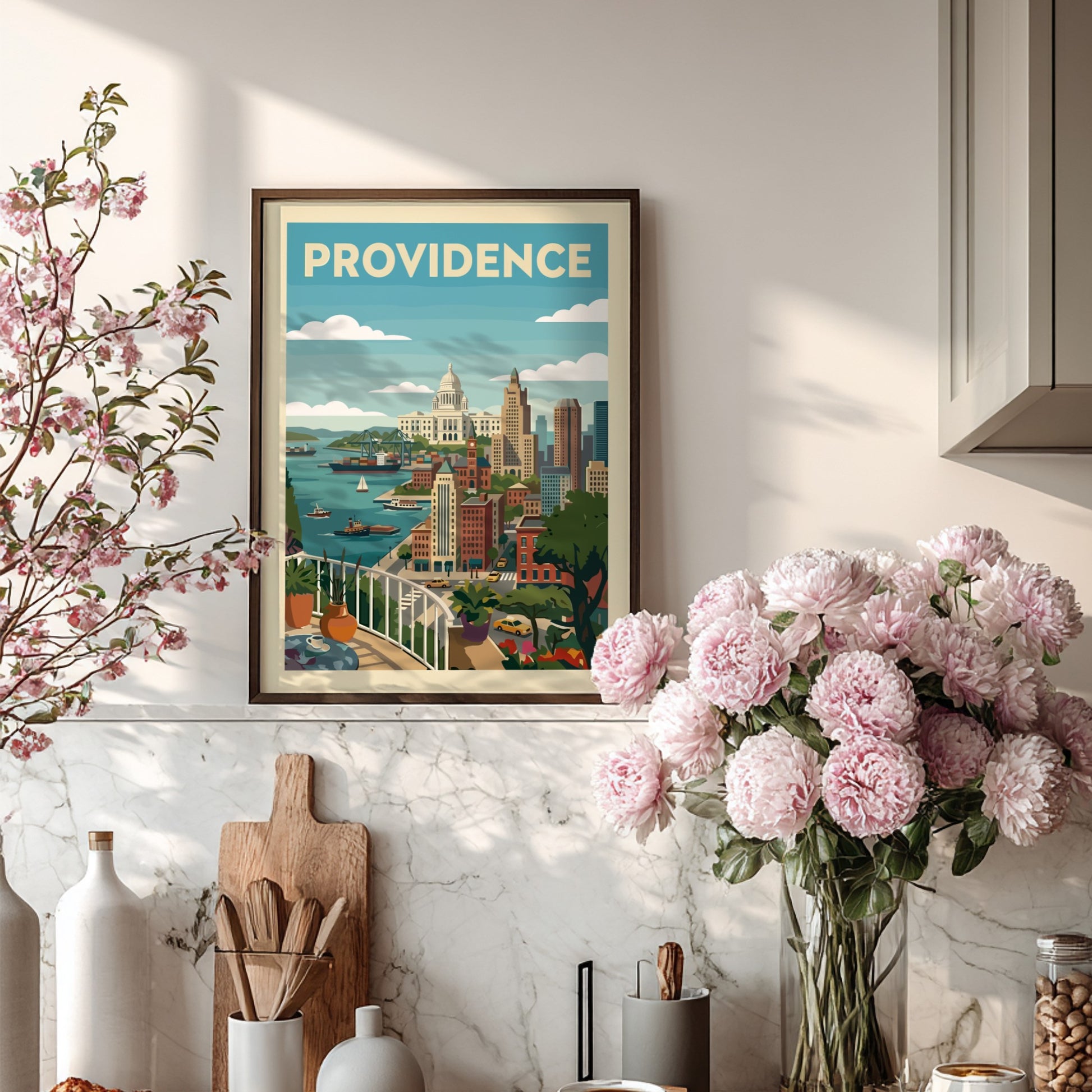 Providence skyline poster featuring city buildings, harbor, and capitol building in a vintage style.