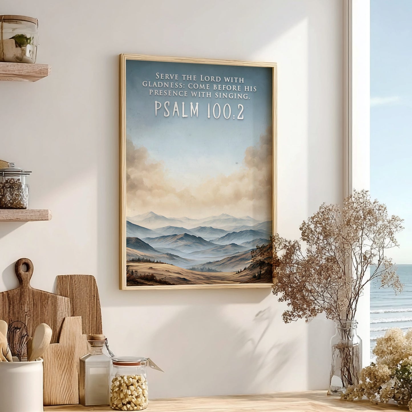 Poster featuring rolling hills under a soft sky with the text Psalm 100:2.