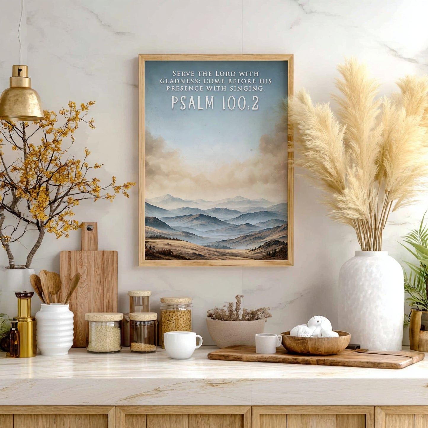 Poster featuring rolling hills under a soft sky with the text Psalm 100:2.