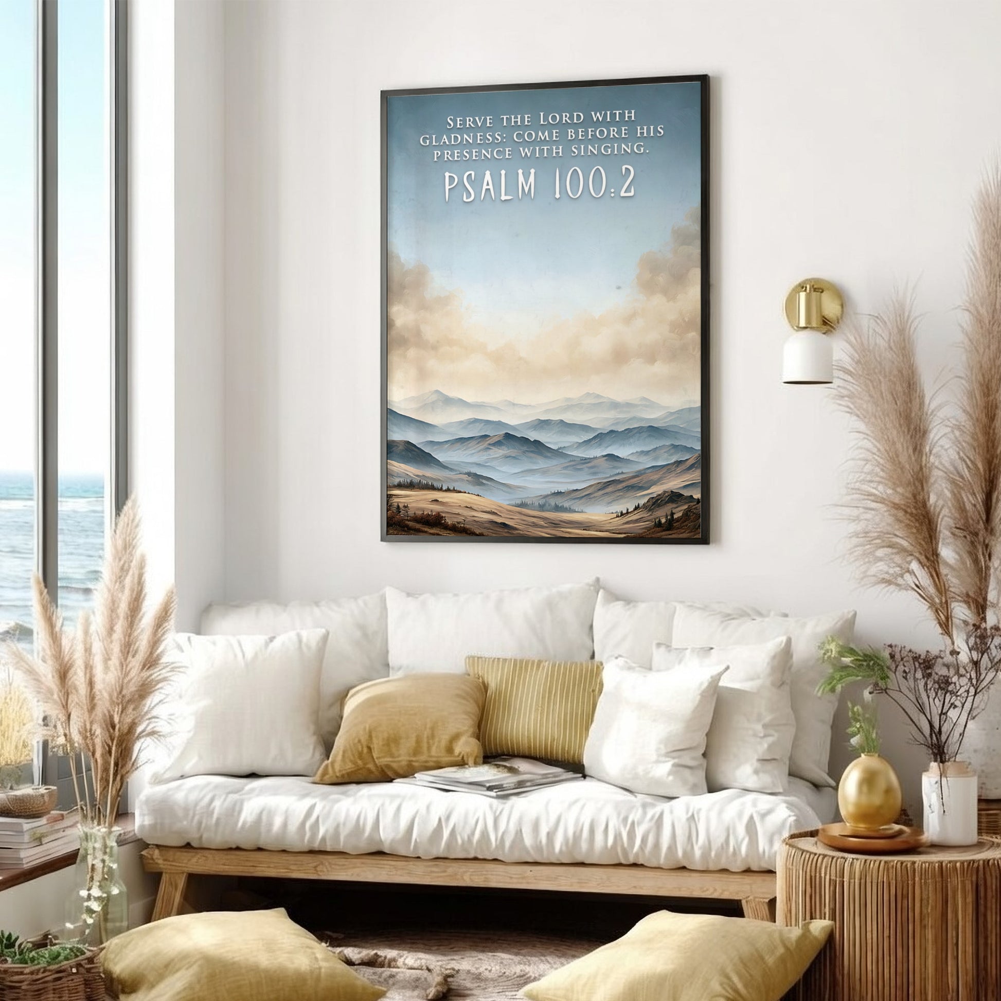 Poster featuring rolling hills under a soft sky with the text Psalm 100:2.