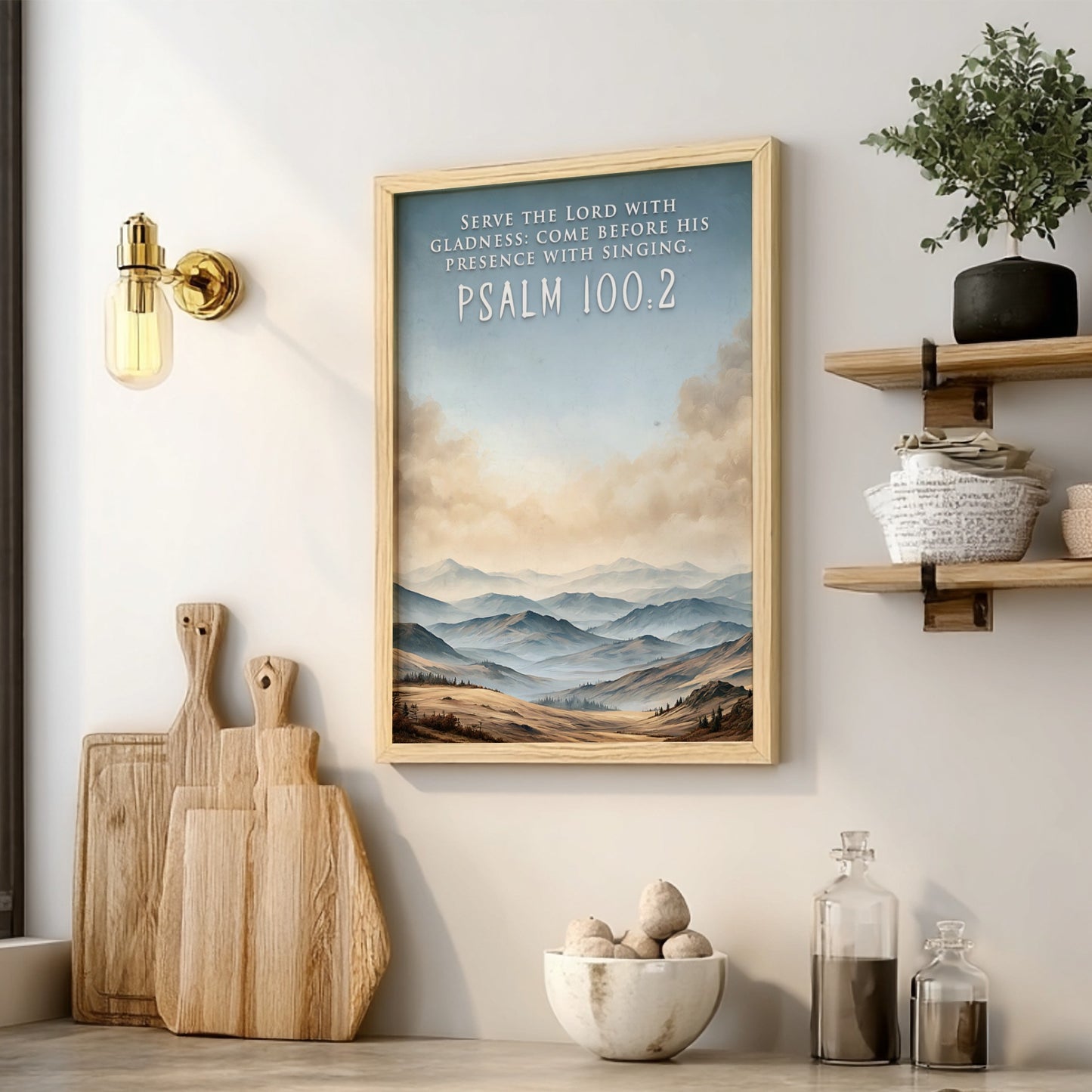Poster featuring rolling hills under a soft sky with the text Psalm 100:2.