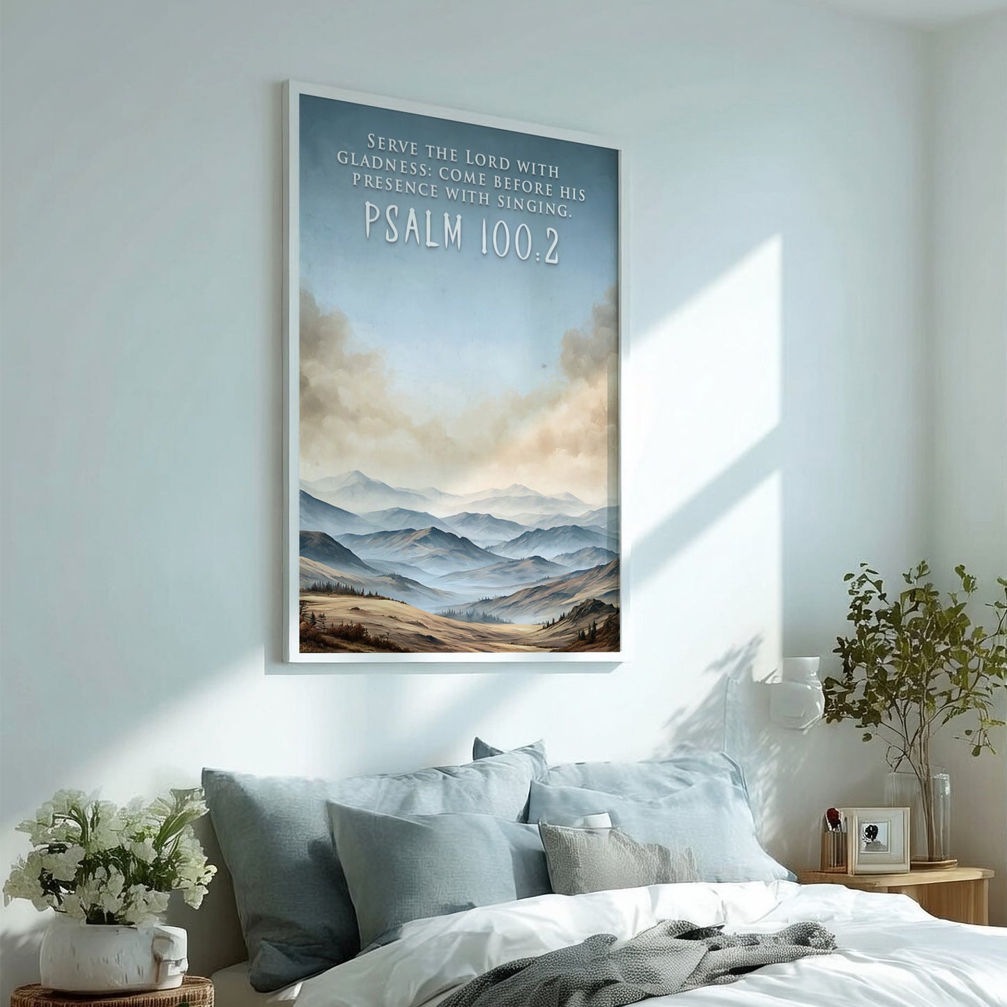 Poster featuring rolling hills under a soft sky with the text Psalm 100:2.