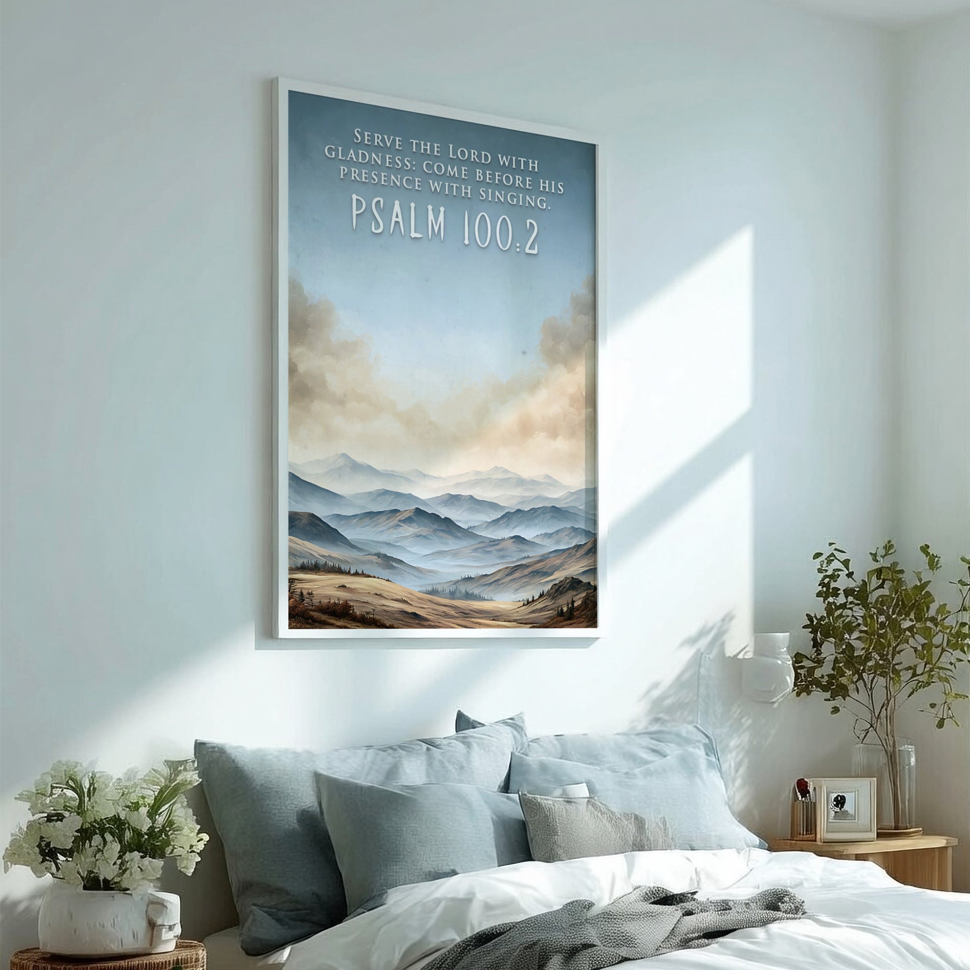 Poster featuring rolling hills under a soft sky with the text Psalm 100:2.