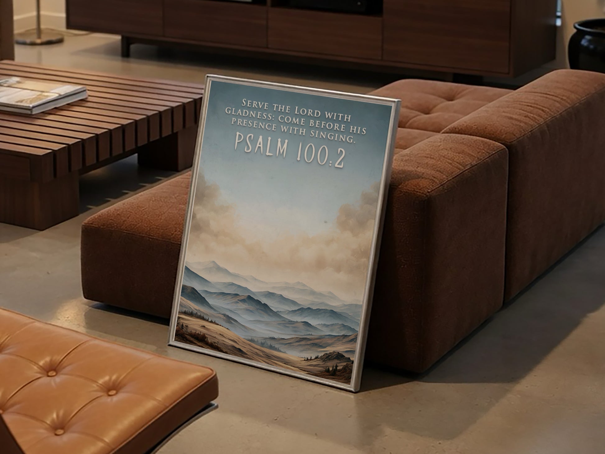 Poster featuring rolling hills under a soft sky with the text Psalm 100:2.