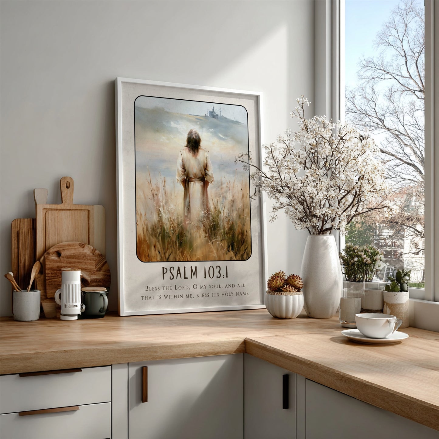 Psalm 103:1 poster featuring a serene figure in soft earthy tones, inspirational religious art for home decor.