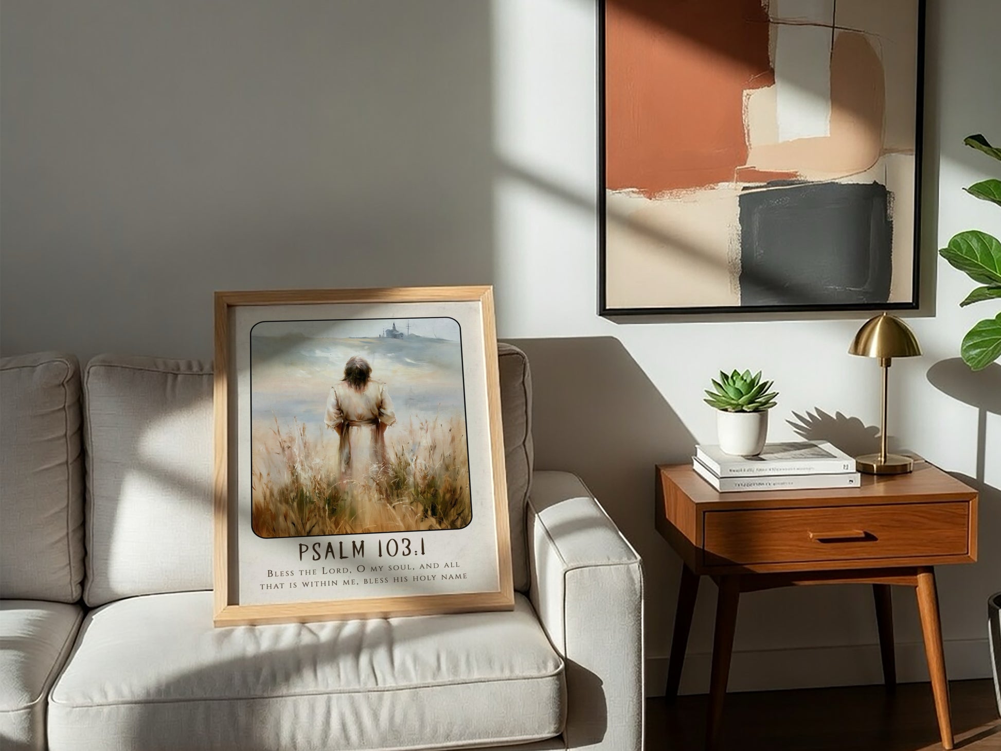 Psalm 103:1 poster featuring a serene figure in soft earthy tones, inspirational religious art for home decor.