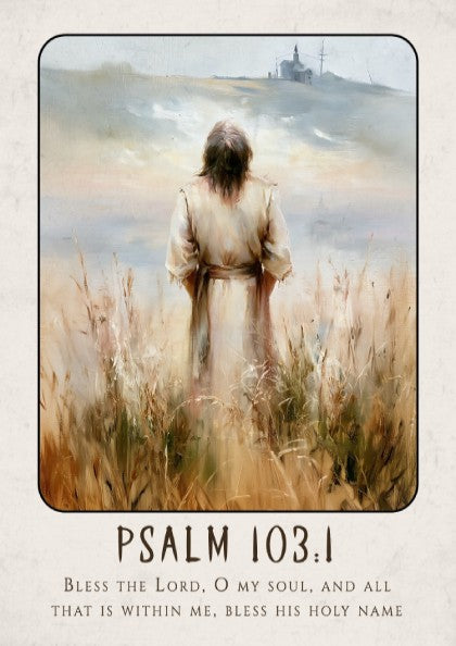 Psalm 103:1 poster featuring a serene figure in soft earthy tones, inspirational religious art for home decor.