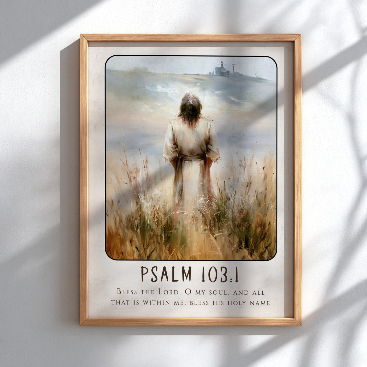 Psalm 103:1 poster featuring a serene figure in soft earthy tones, inspirational religious art for home decor.