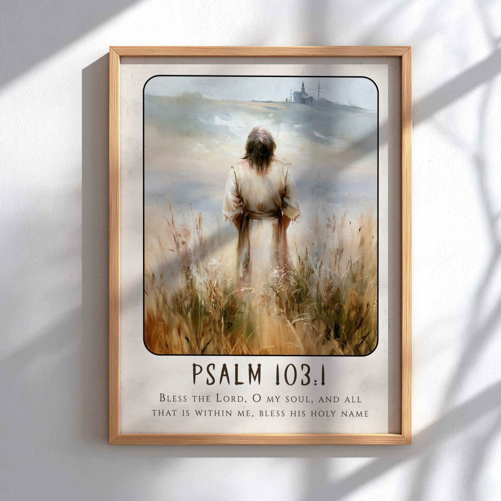 Psalm 103:1 poster featuring a serene figure in soft earthy tones, inspirational religious art for home decor.