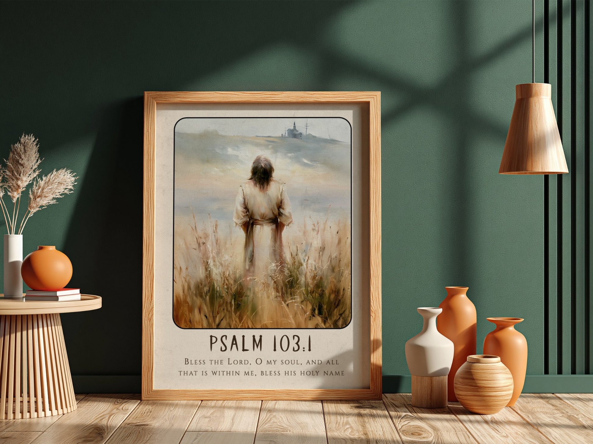 Psalm 103:1 poster featuring a serene figure in soft earthy tones, inspirational religious art for home decor.