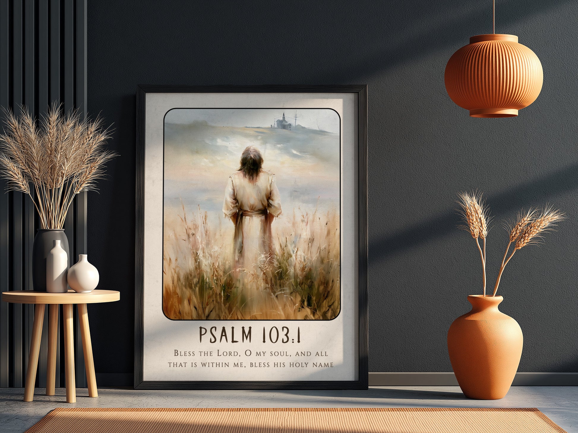 Psalm 103:1 poster featuring a serene figure in soft earthy tones, inspirational religious art for home decor.