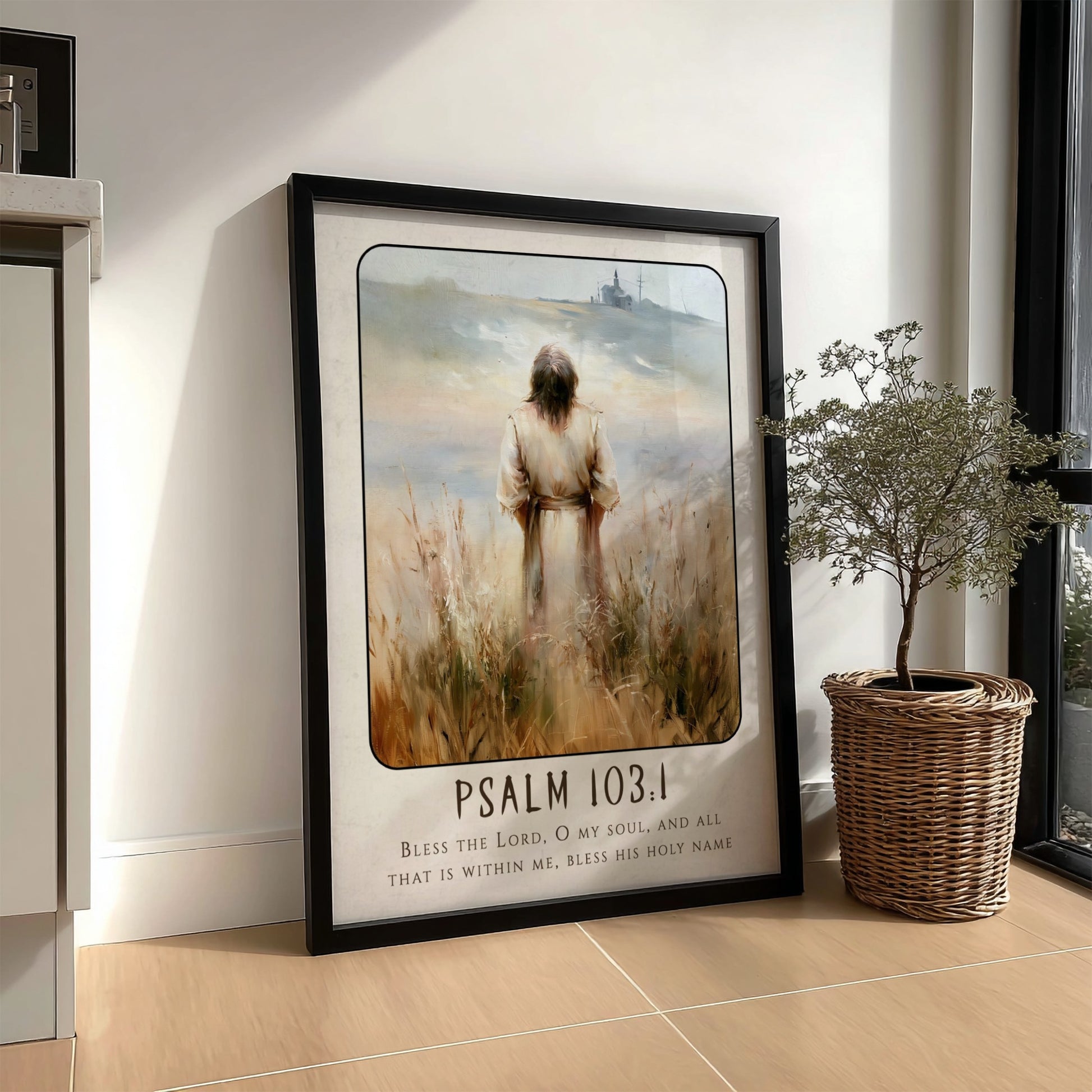 Psalm 103:1 poster featuring a serene figure in soft earthy tones, inspirational religious art for home decor.