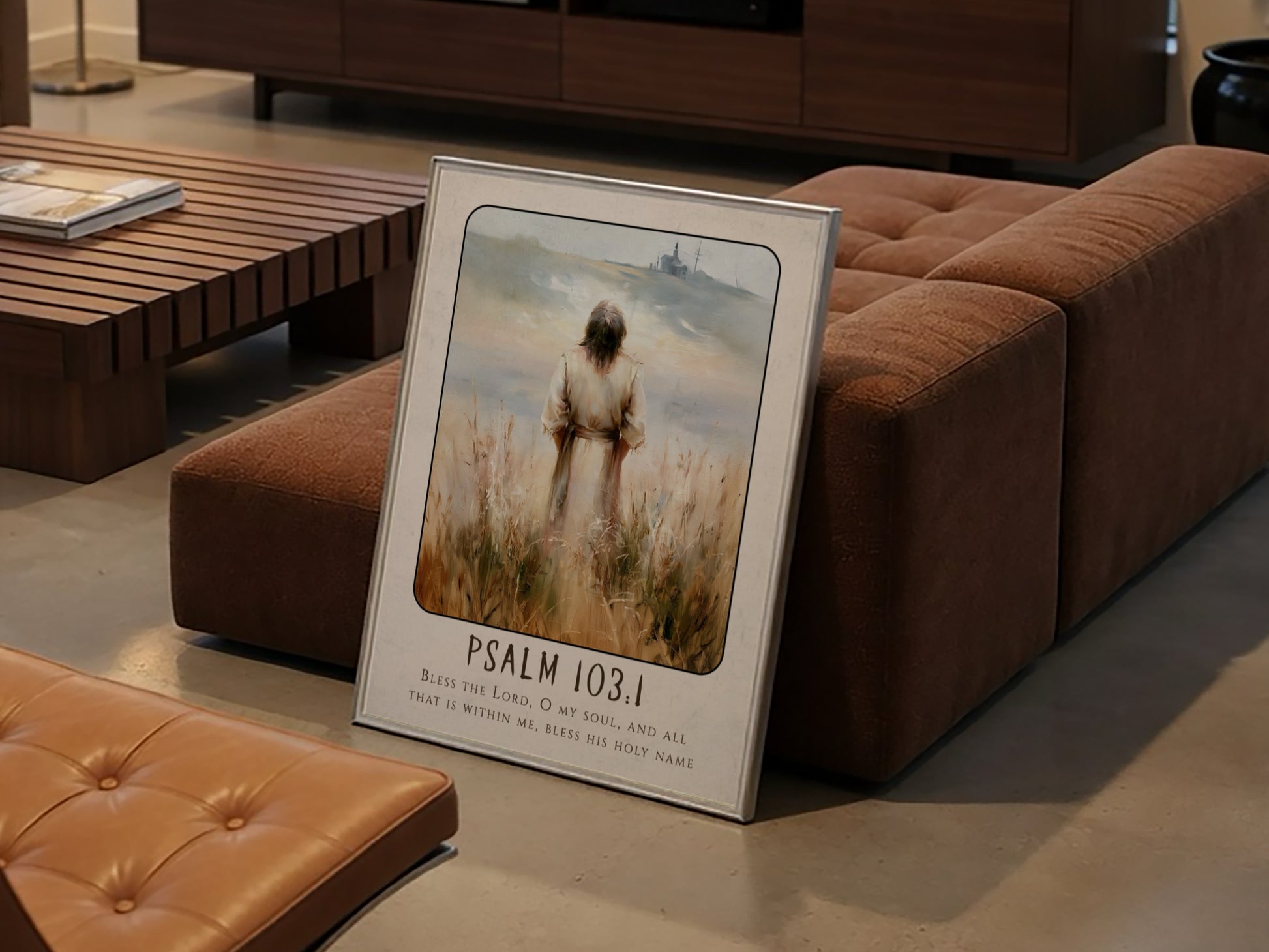 Psalm 103:1 poster featuring a serene figure in soft earthy tones, inspirational religious art for home decor.