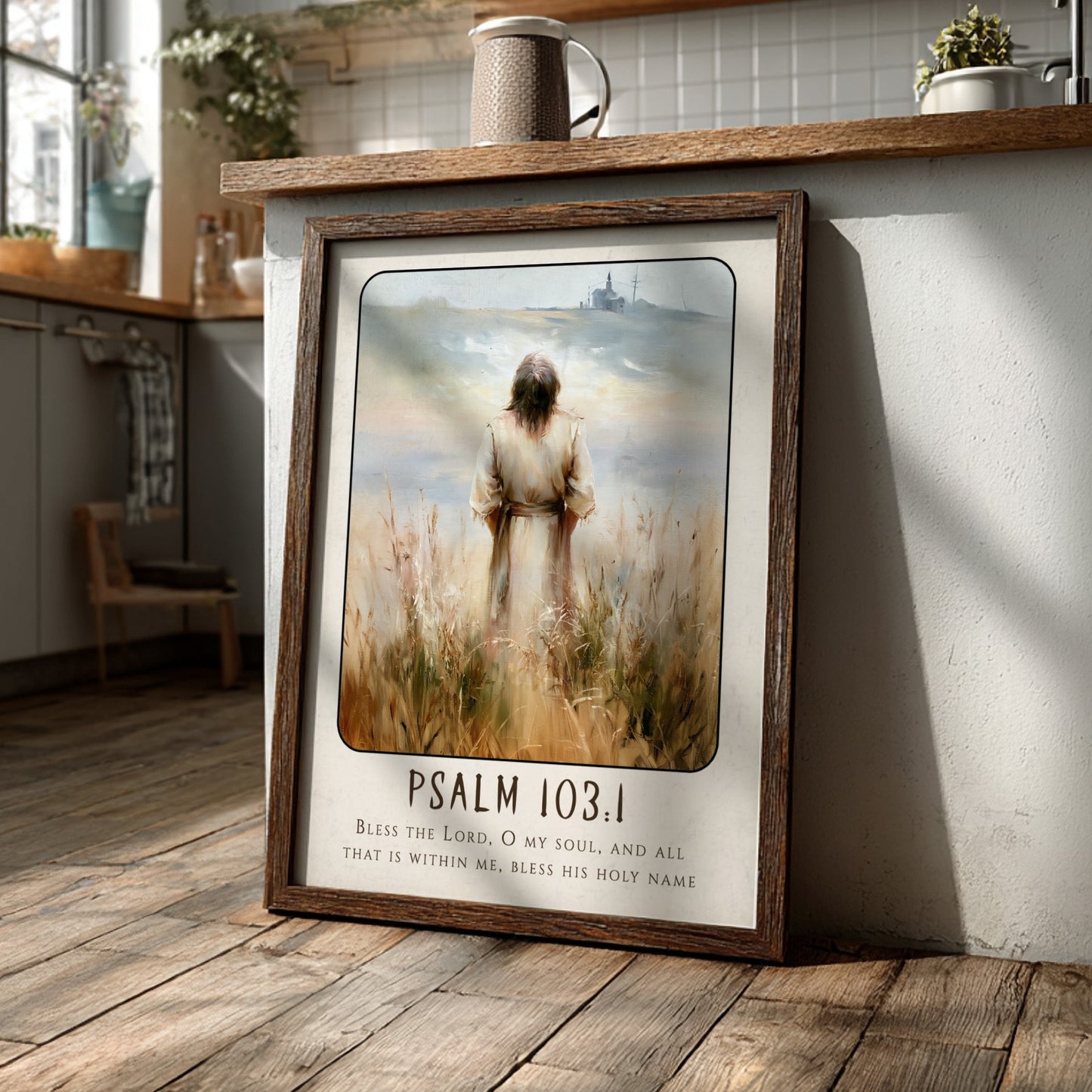 Psalm 103:1 poster featuring a serene figure in soft earthy tones, inspirational religious art for home decor.