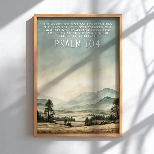 Poster featuring a serene mountain landscape with soft green and earthy brown tones.